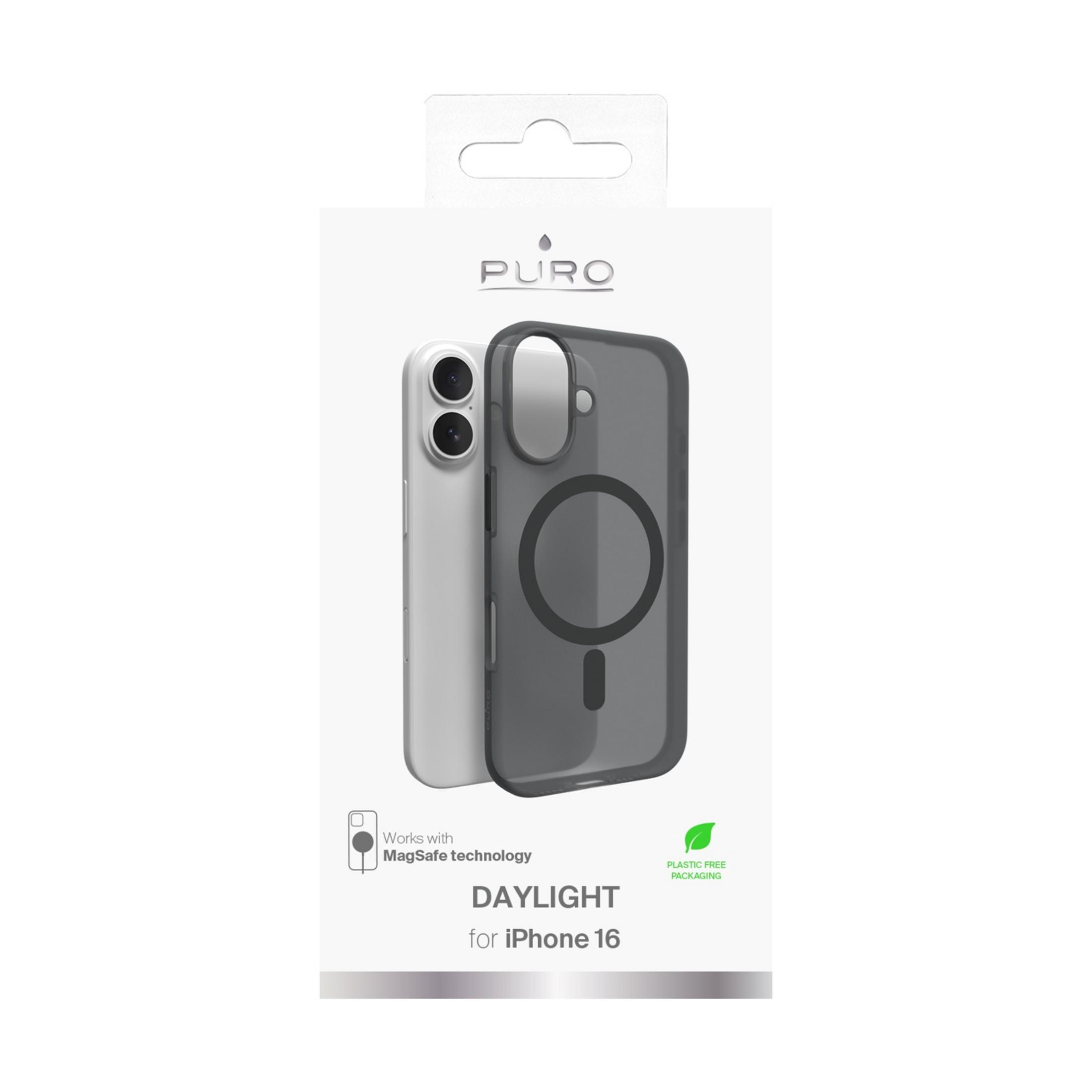 Custodia MagSafe grigia per iPhone 16 con confezione.