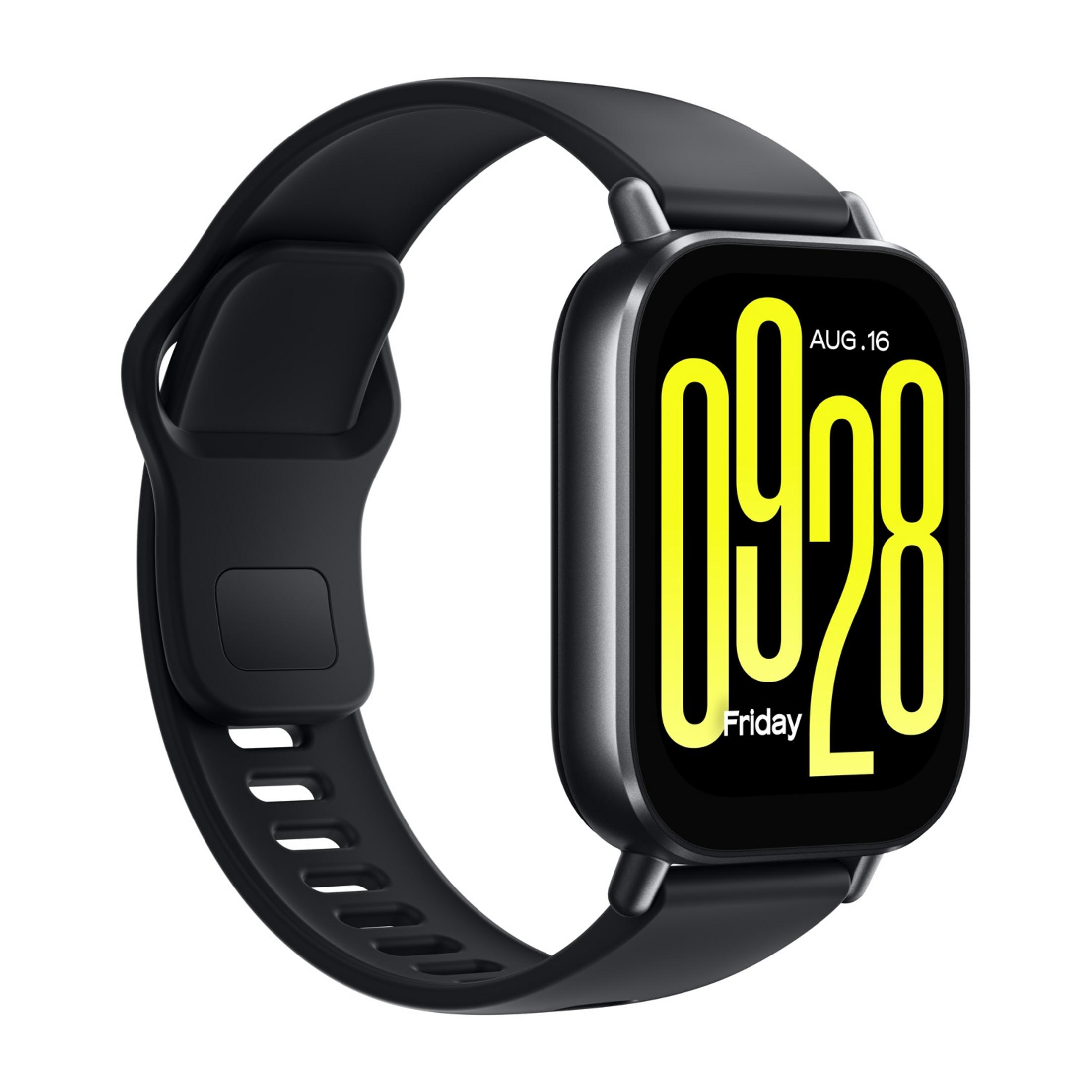 Schwarze Smartwatch mit gelber Digitalanzeige: 09:28 Uhr, AUG. 16, Freitag.