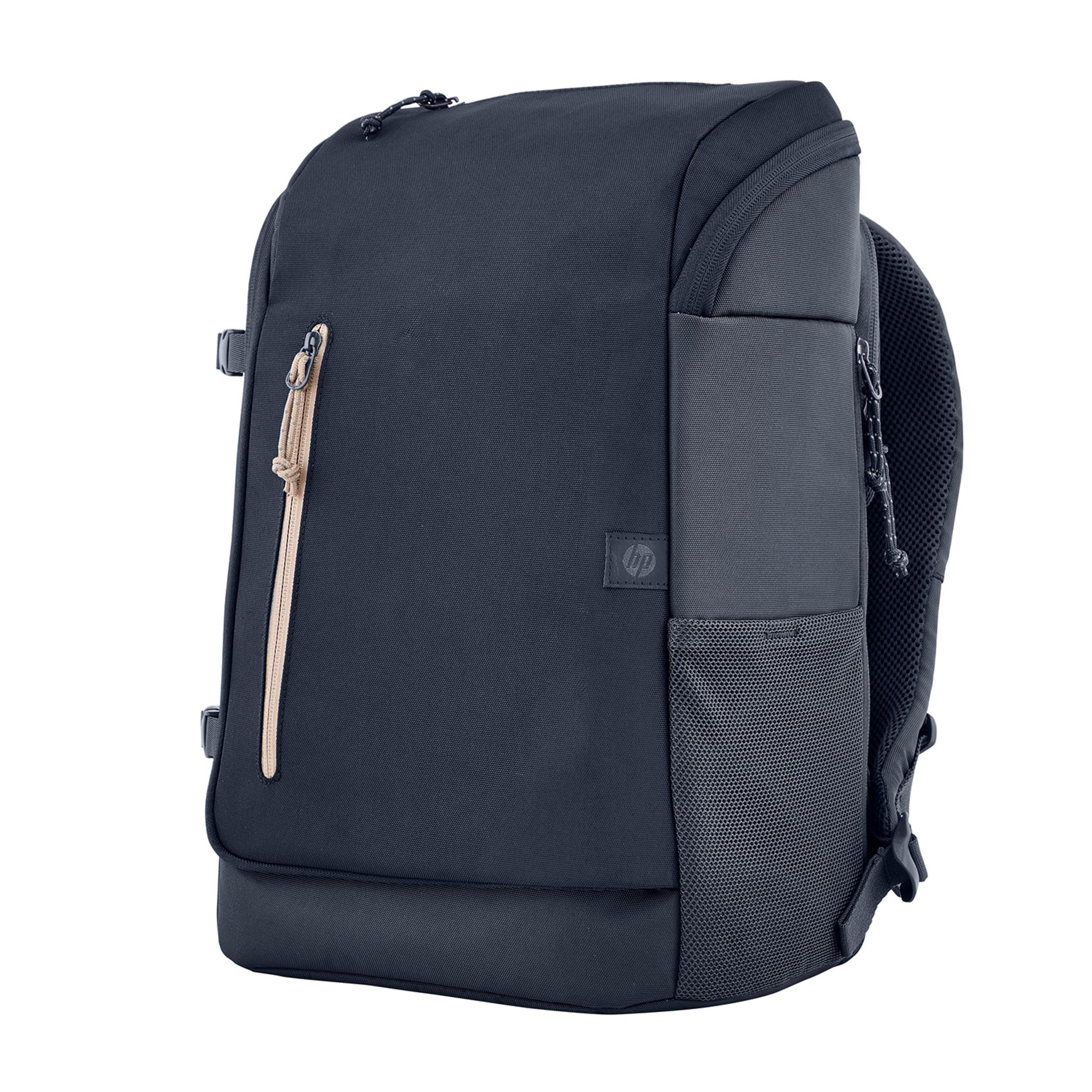 Una mochila azul oscuro con cremalleras y bolsillos de malla.