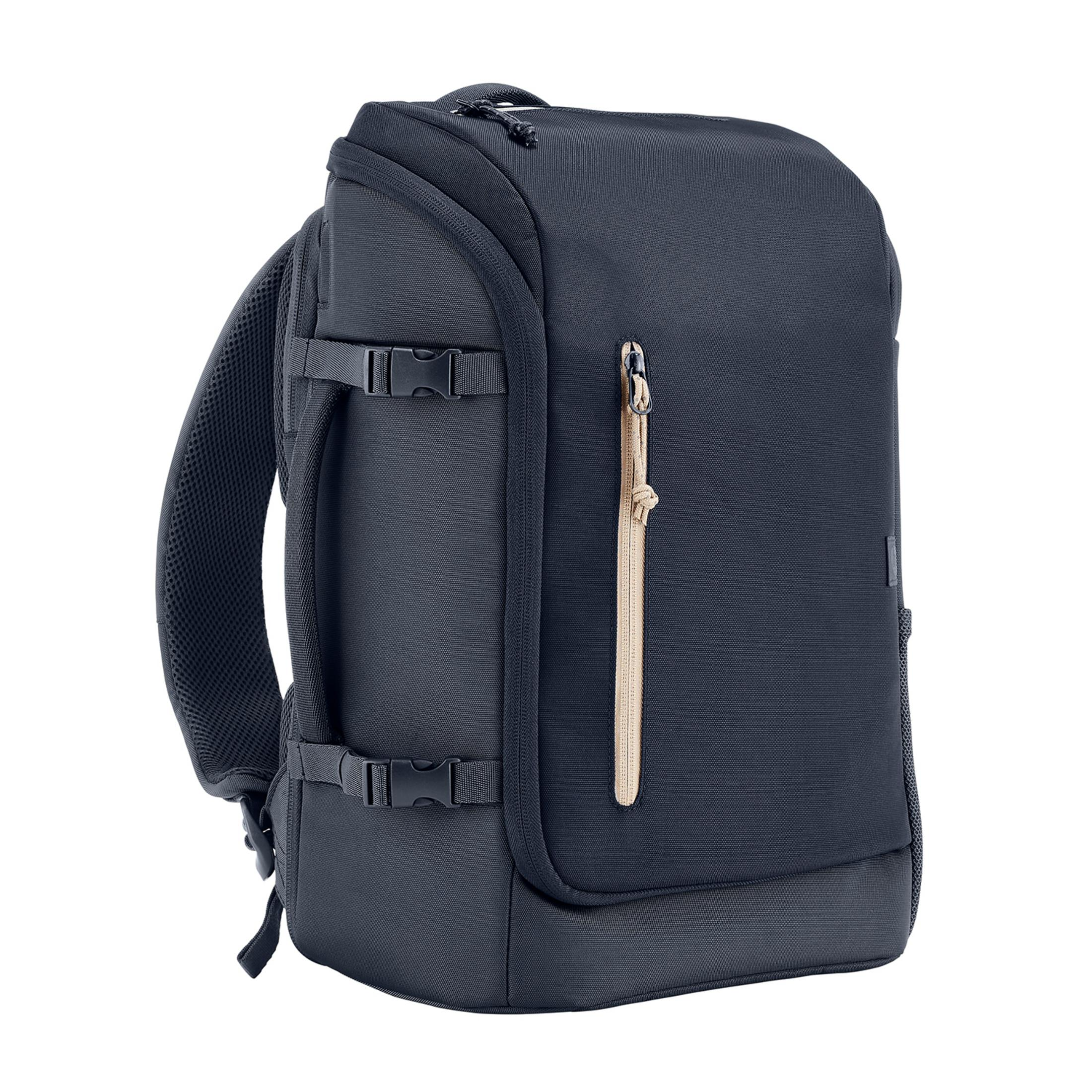 Mochila gris oscura con bolsillo con cremallera y correas ajustables.