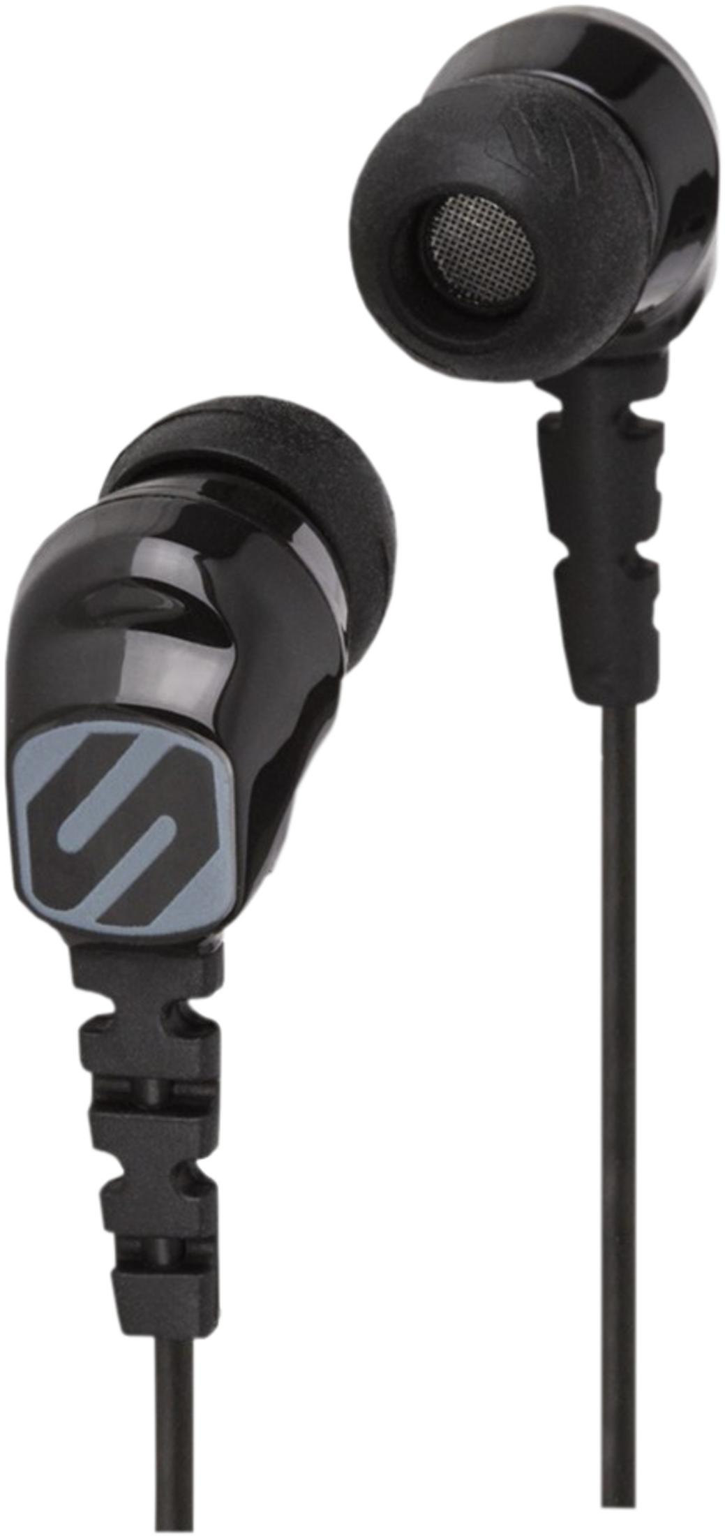 Schwarze In-Ear-Kopfhörer mit Silikonspitzen und einem Logo auf dem Gehäuse.