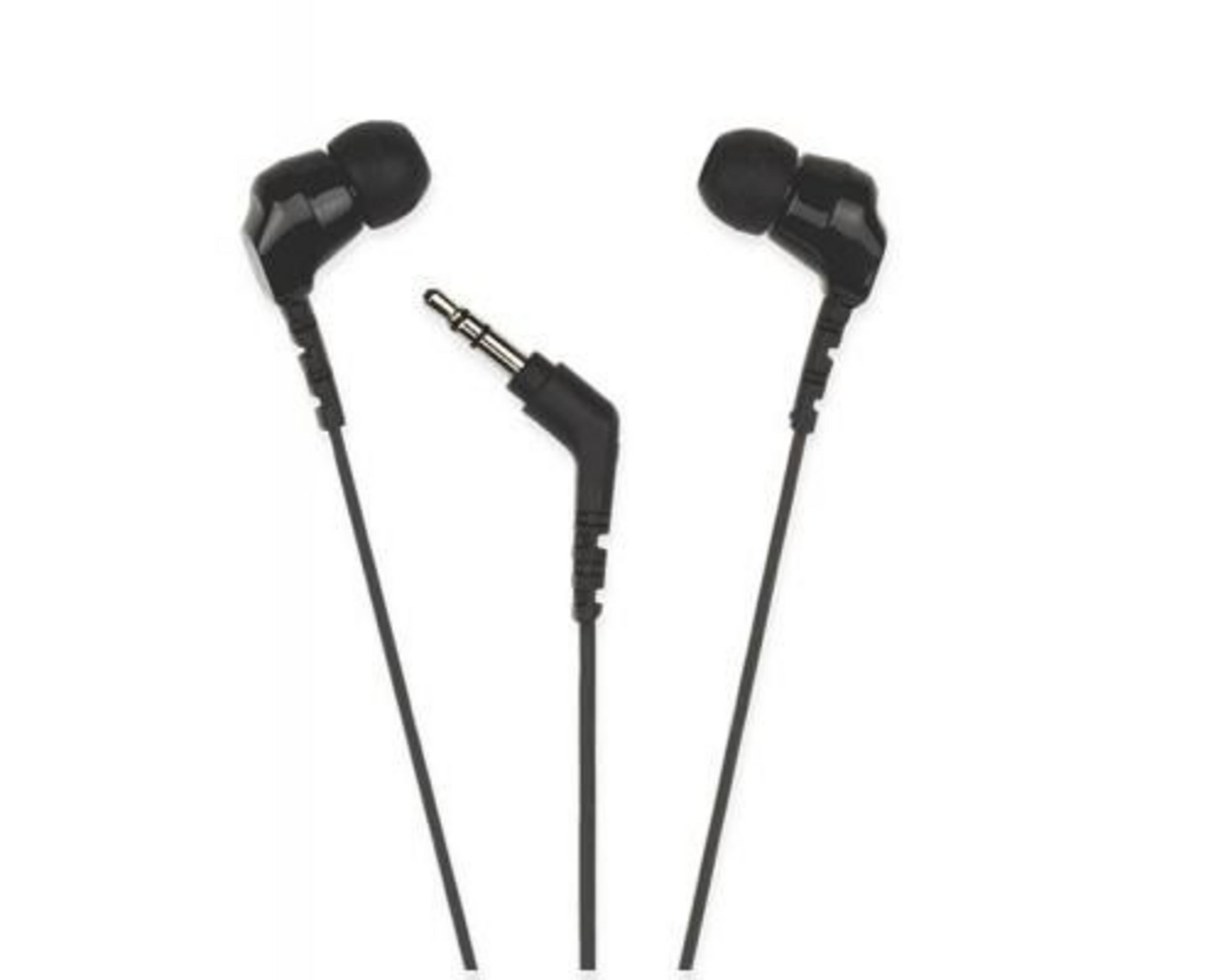 Schwarze In-Ear-Kopfhörer mit 3,5-mm-Klinkenstecker auf weißem Hintergrund.