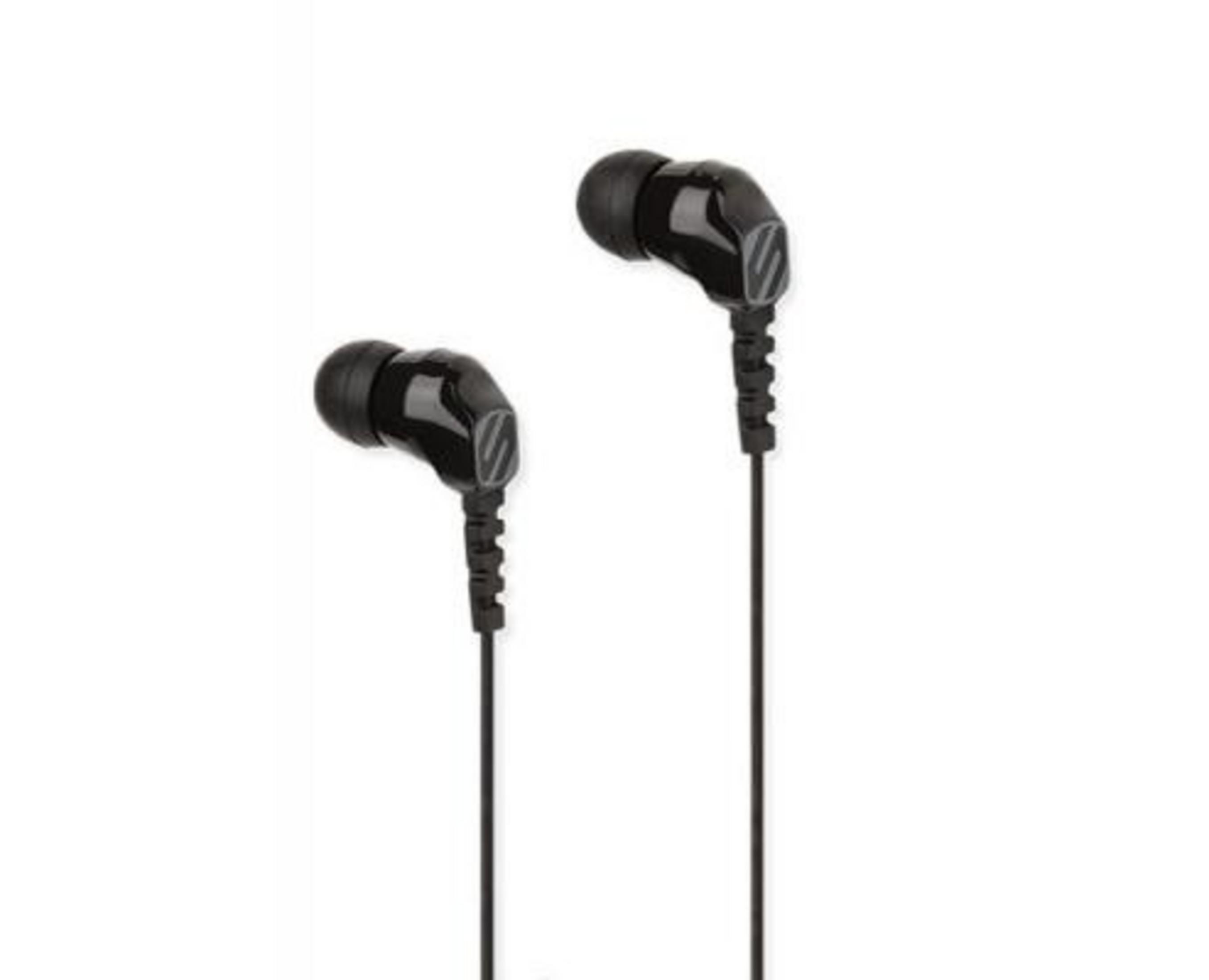 Schwarze In-Ear-Kopfhörer mit Kabel auf weißem Hintergrund.