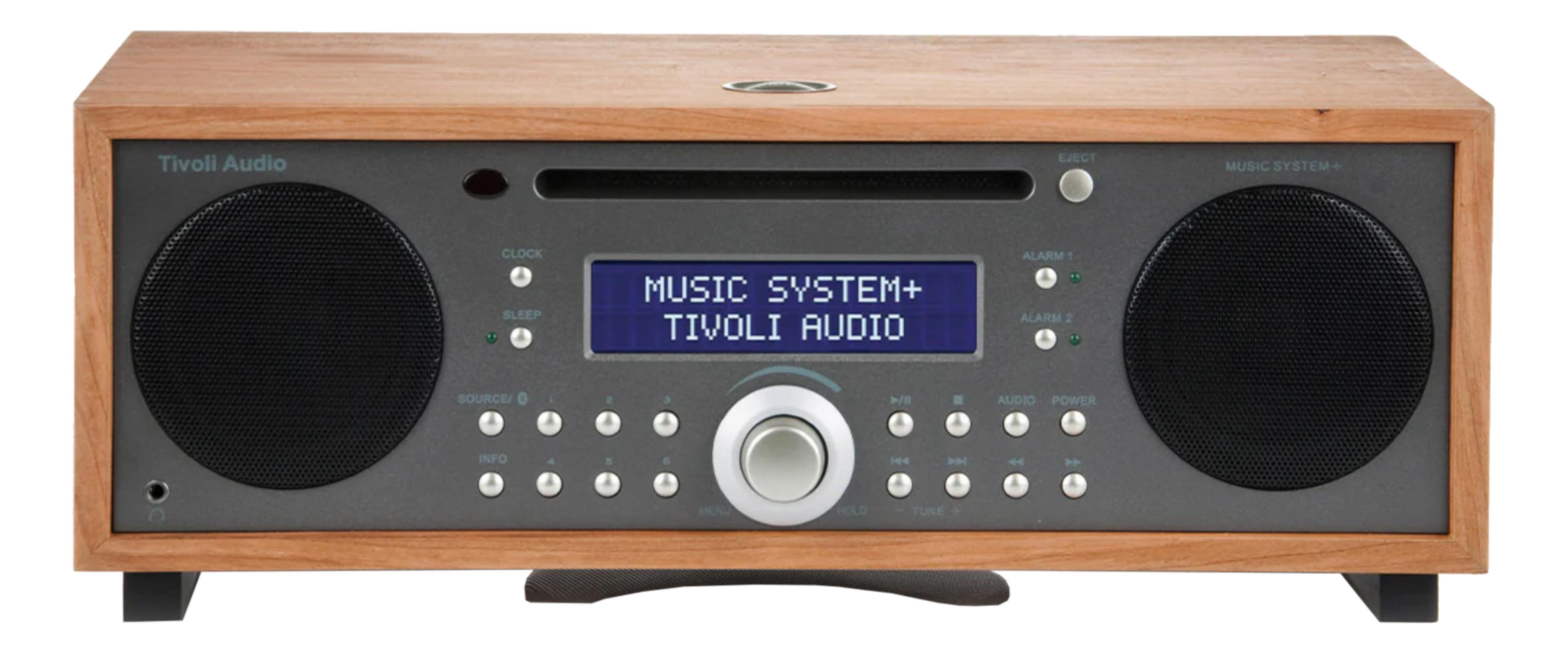 Sistema musicale in legno con slot CD, altoparlanti e pannello di controllo.