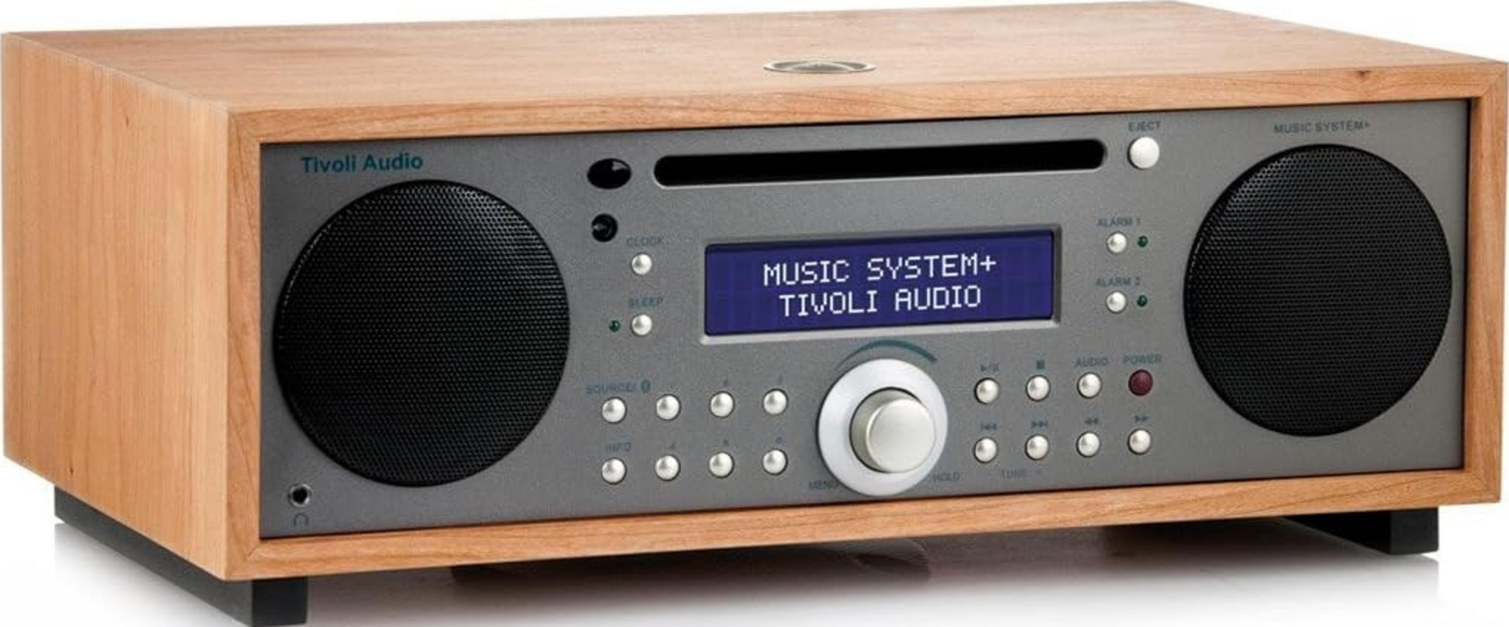 Un sistema musicale Tivoli Audio con cassa in legno, slot CD, altoparlanti e pulsanti.