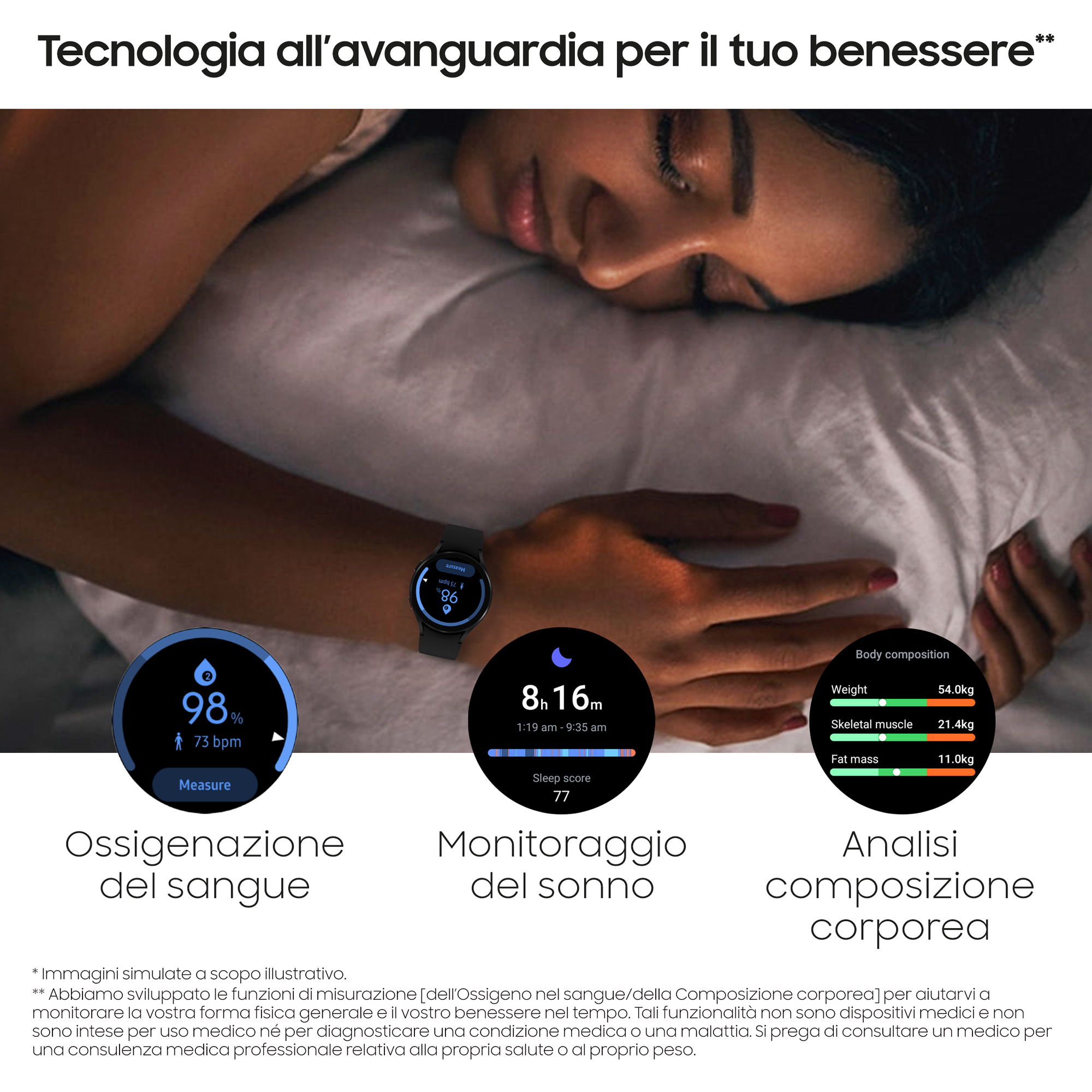 Osoba śpi, smartwatch wyświetla dane życiowe, takie jak tlen we krwi, sen i skład ciała.