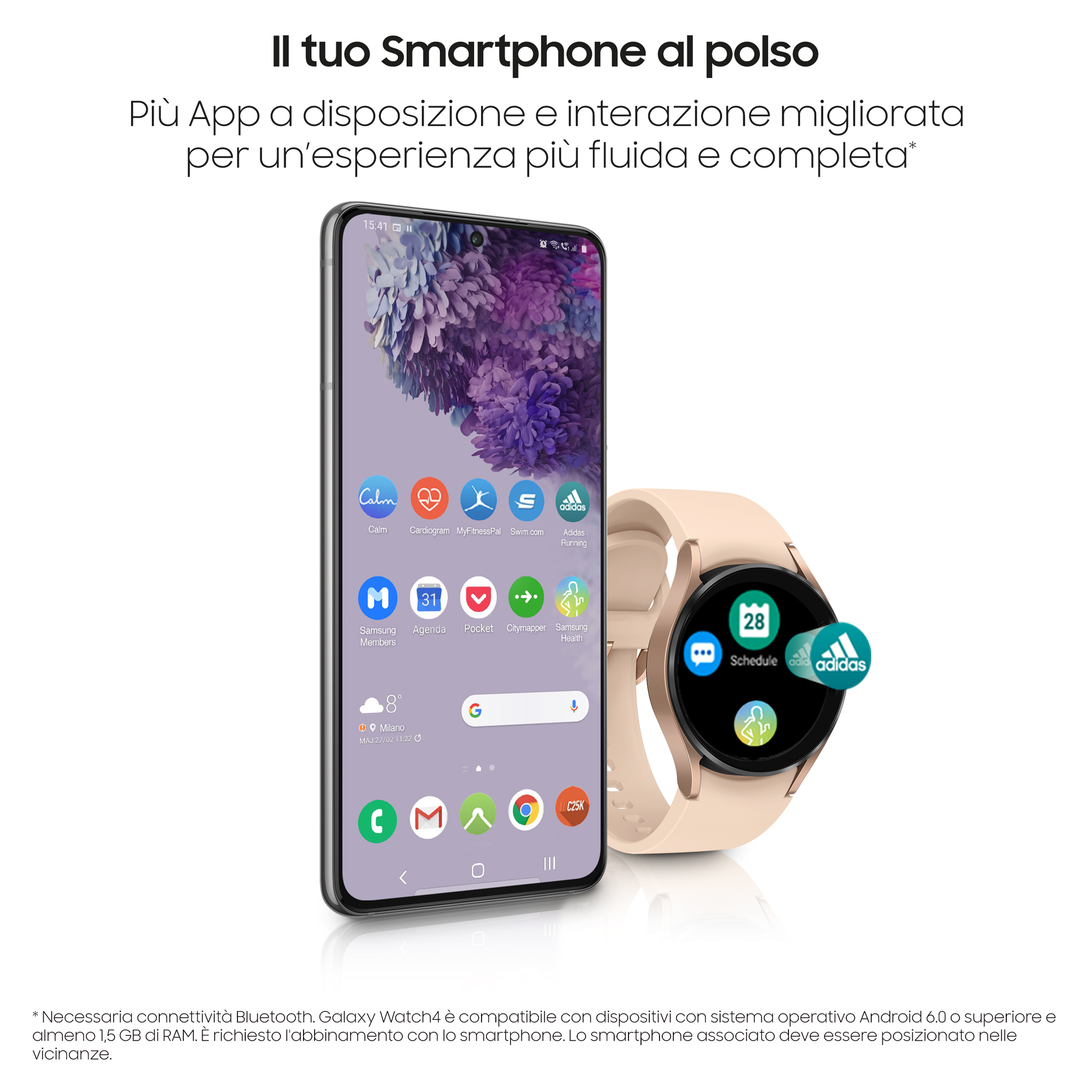 Smartfon i złoty smartwatch wyświetlające ikony aplikacji. Ekran telefonu pokazuje aplikacje takie jak Calm i Adidas.