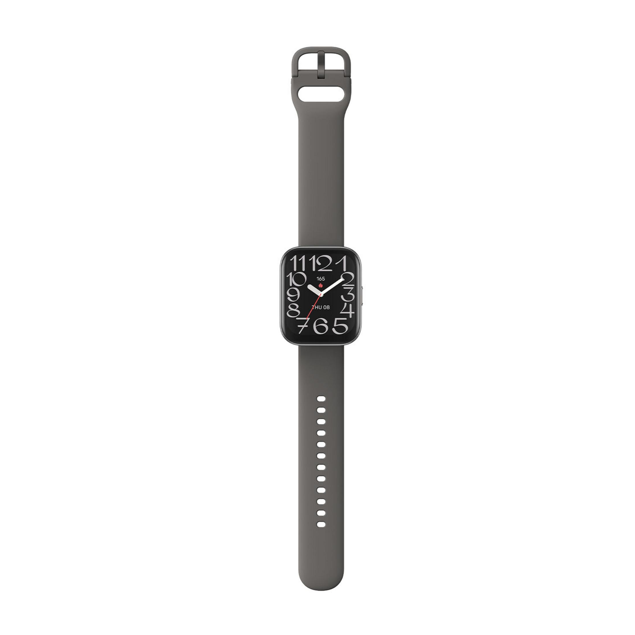 Orologio intelligente grigio con quadrante e chiusura a fibbia.
