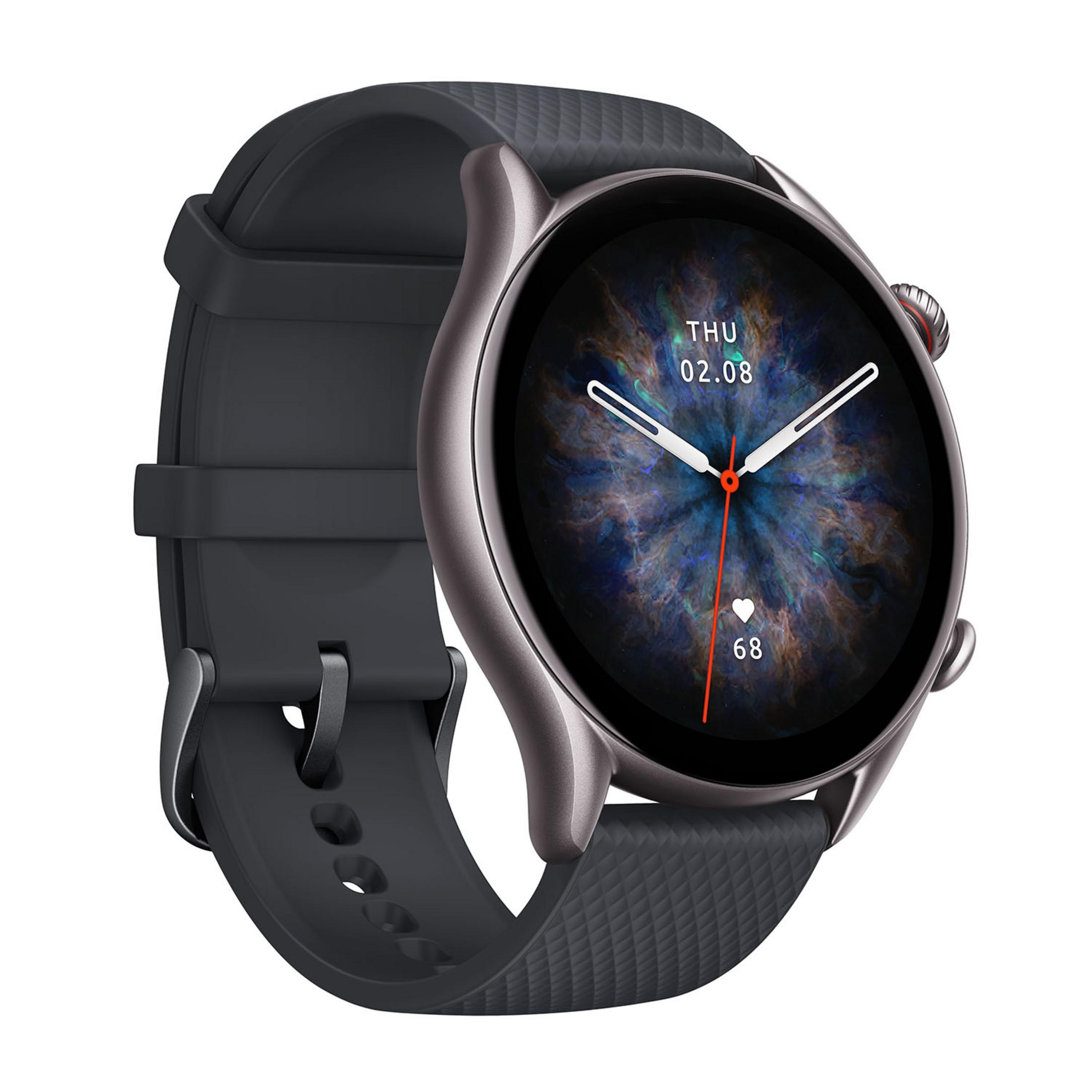 Un orologio da polso intelligente grigio con quadrante rotondo.