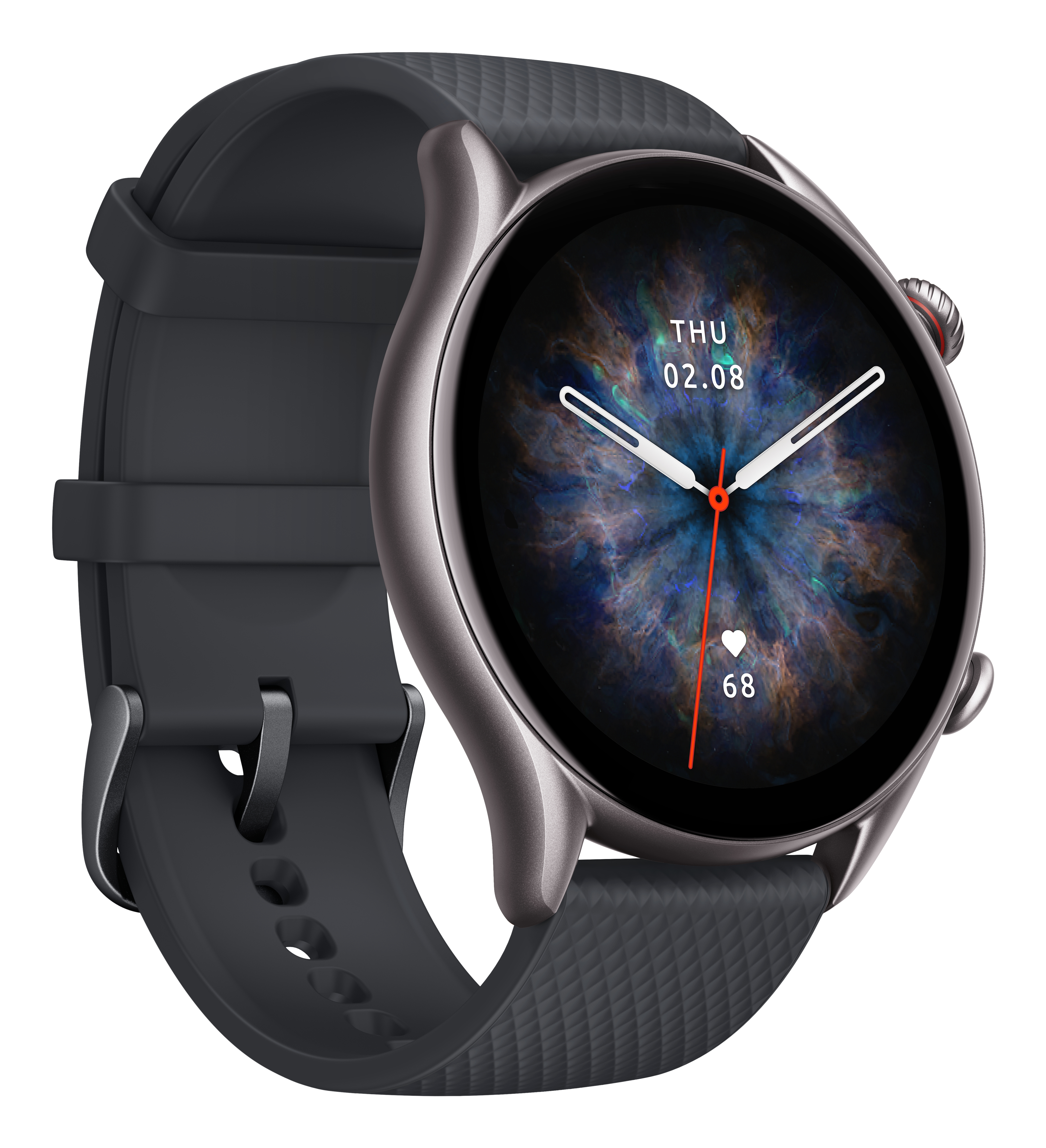 Uno smartwatch grigio mostra giovedì 2 agosto e una frequenza cardiaca di 68 sul quadrante scuro.