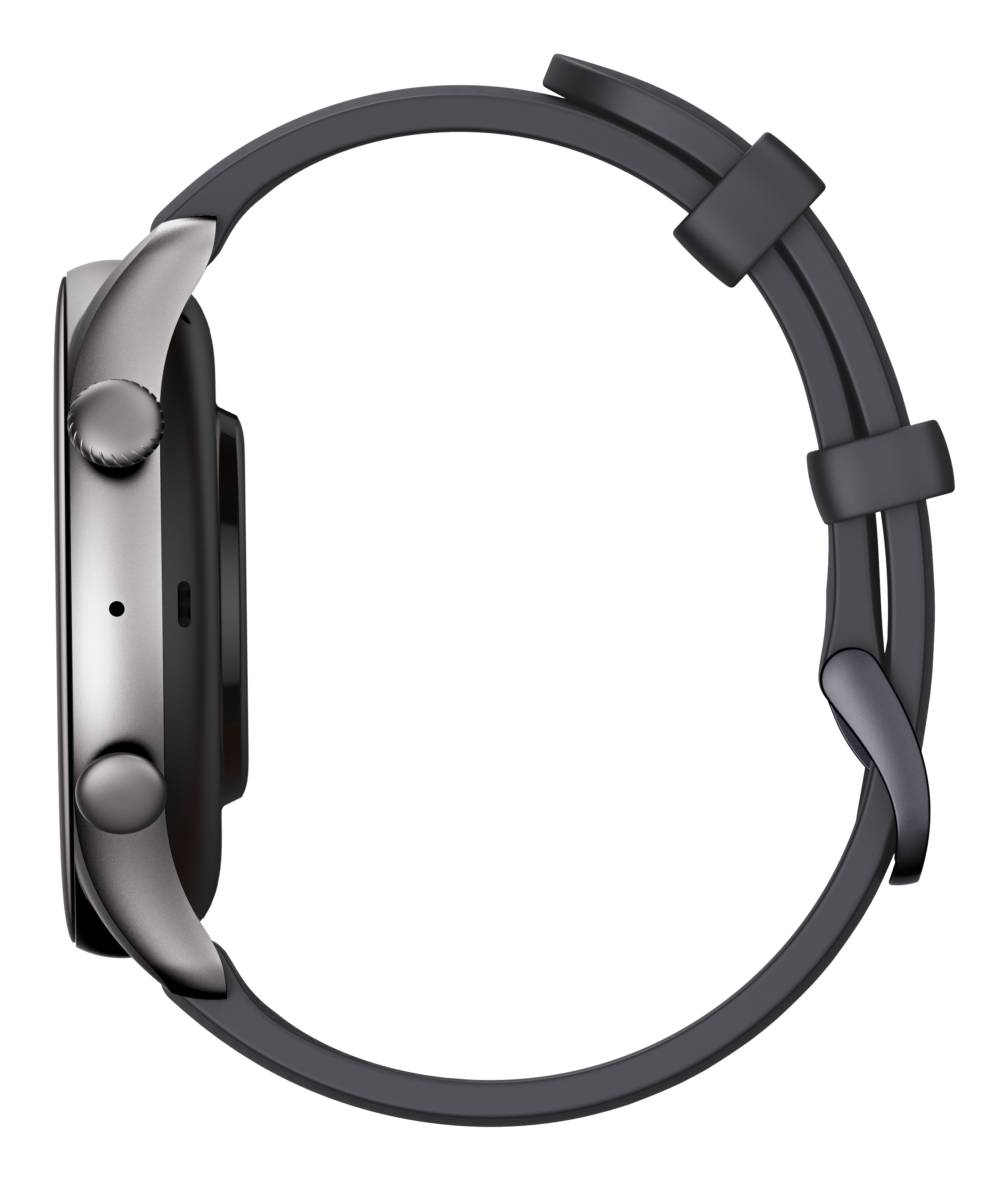 Smartwatch grigio con cinturino nero, mostrato di lato.