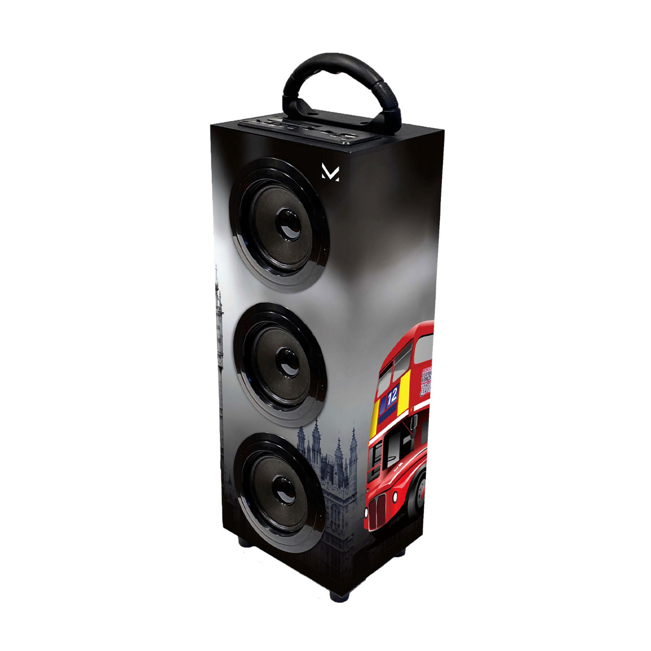 Czarny głośnik z grafiką londyńskiego autobusu i budynków. Trzy głośniki.
