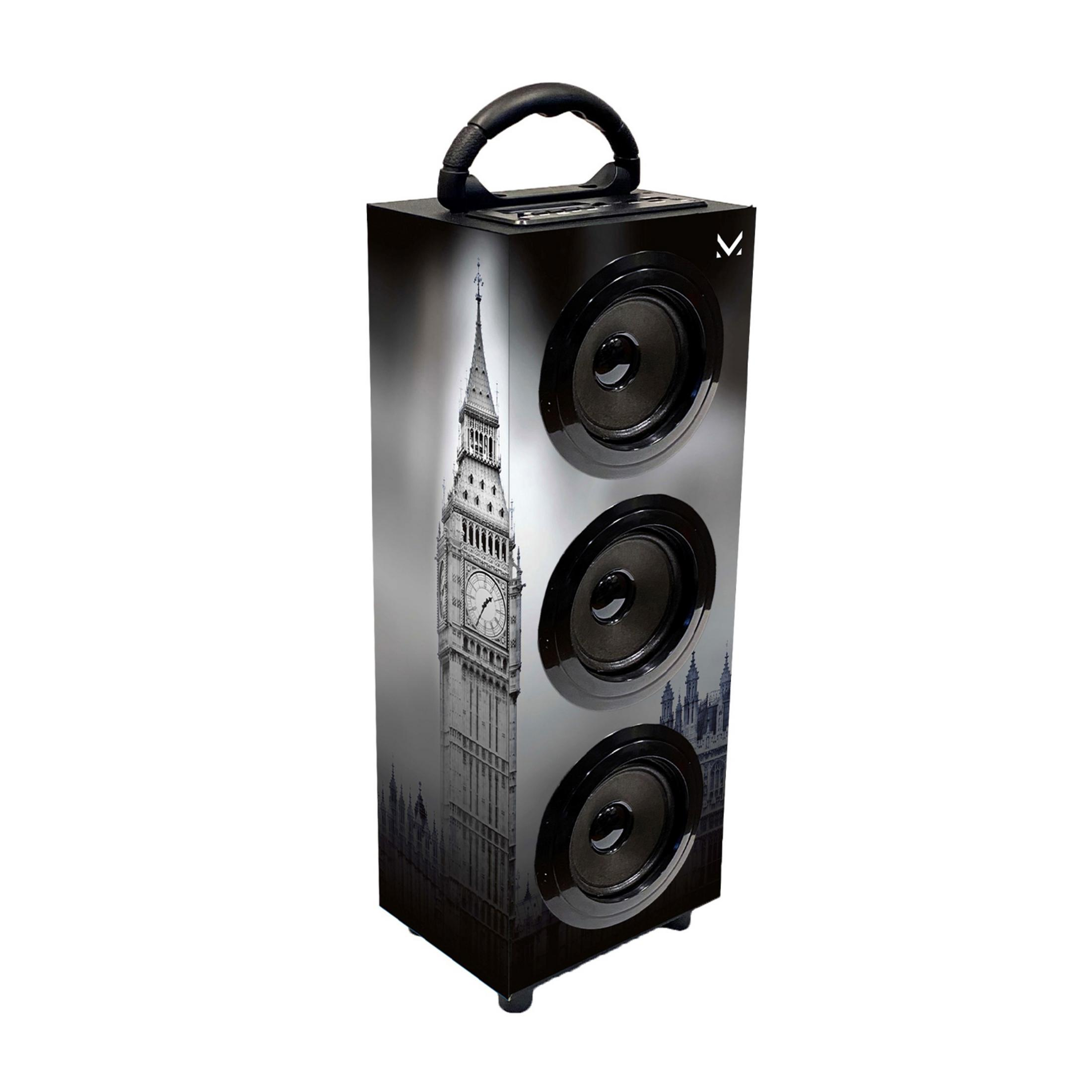 Czarny głośnik z nadrukiem Big Bena i trzema przetwornikami.