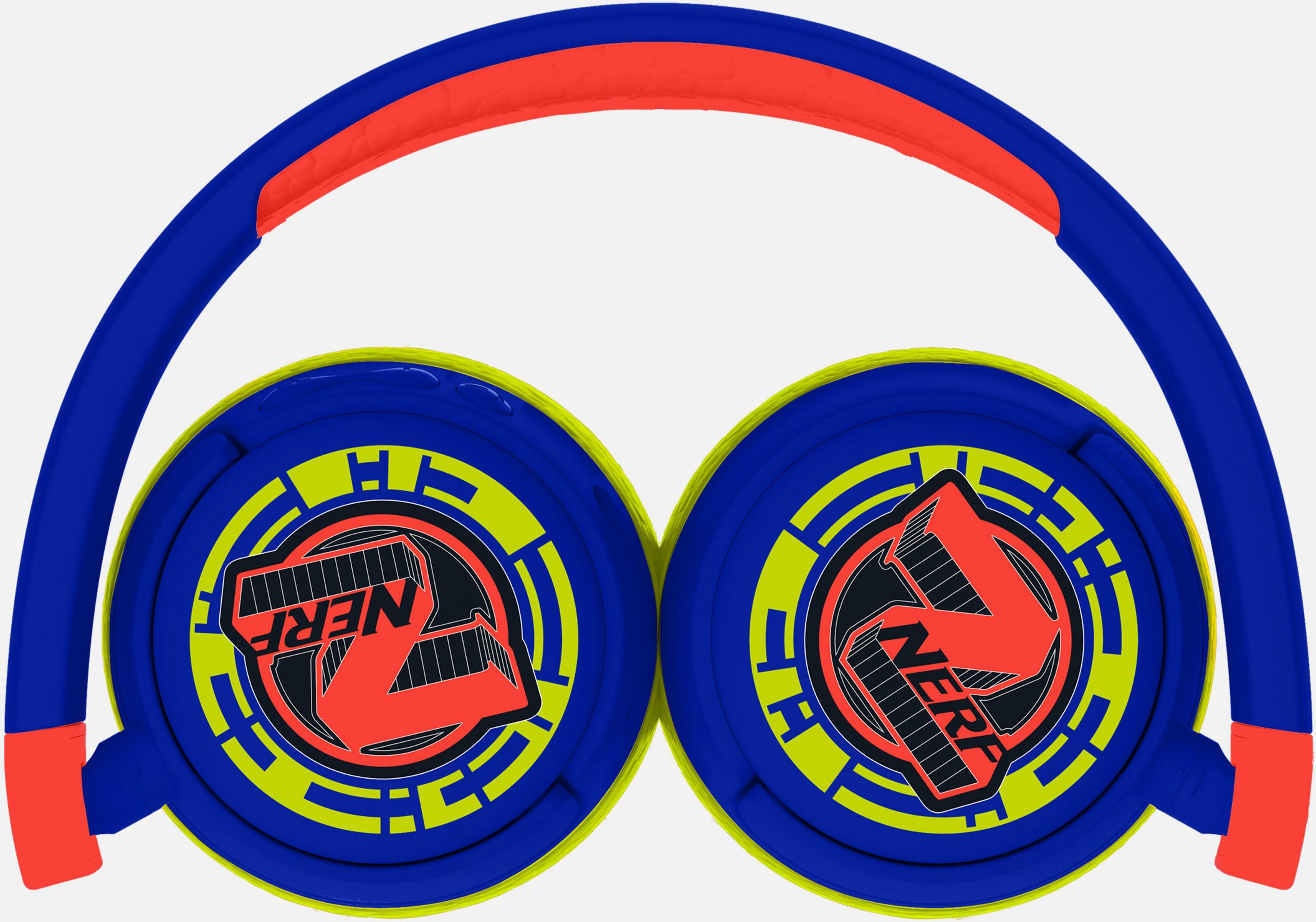 Blaue Kopfhörer mit orangen und gelben Akzenten und Nerf-Logo.