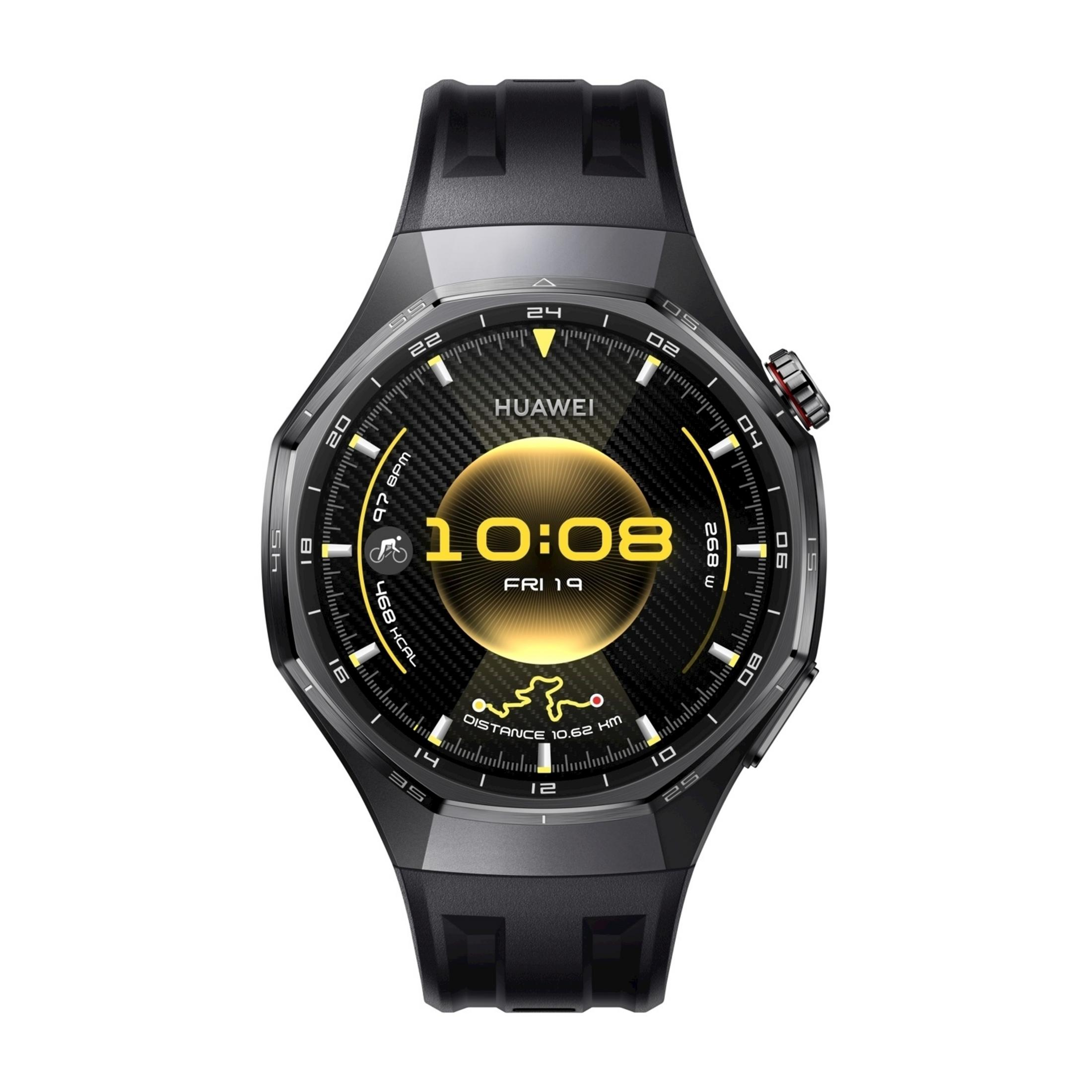 Smartwatch Huawei nero con quadrante giallo che mostra le 10:08.