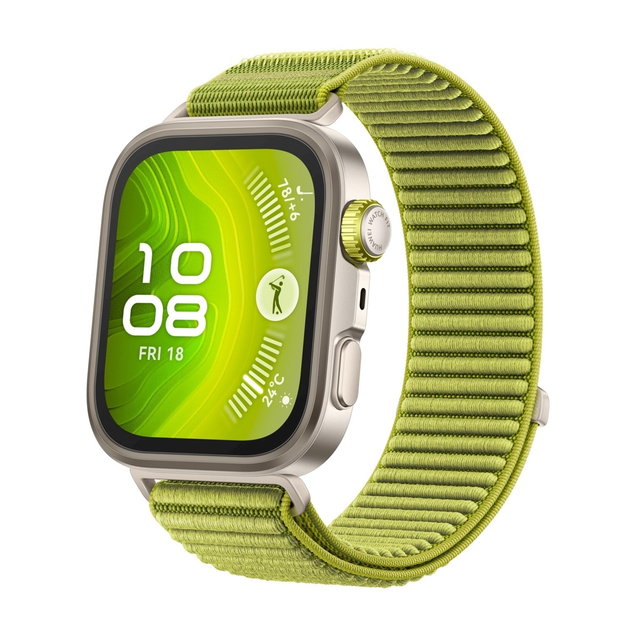 Un reloj inteligente verde con caja plateada, que muestra las 10:08.