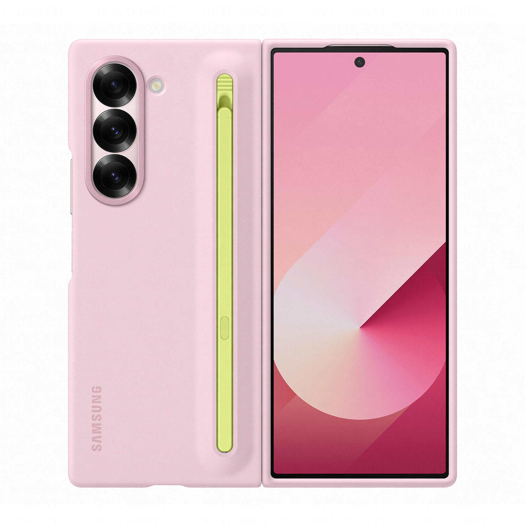 Una custodia rosa per telefono con tre fotocamere e un portapenne verde.