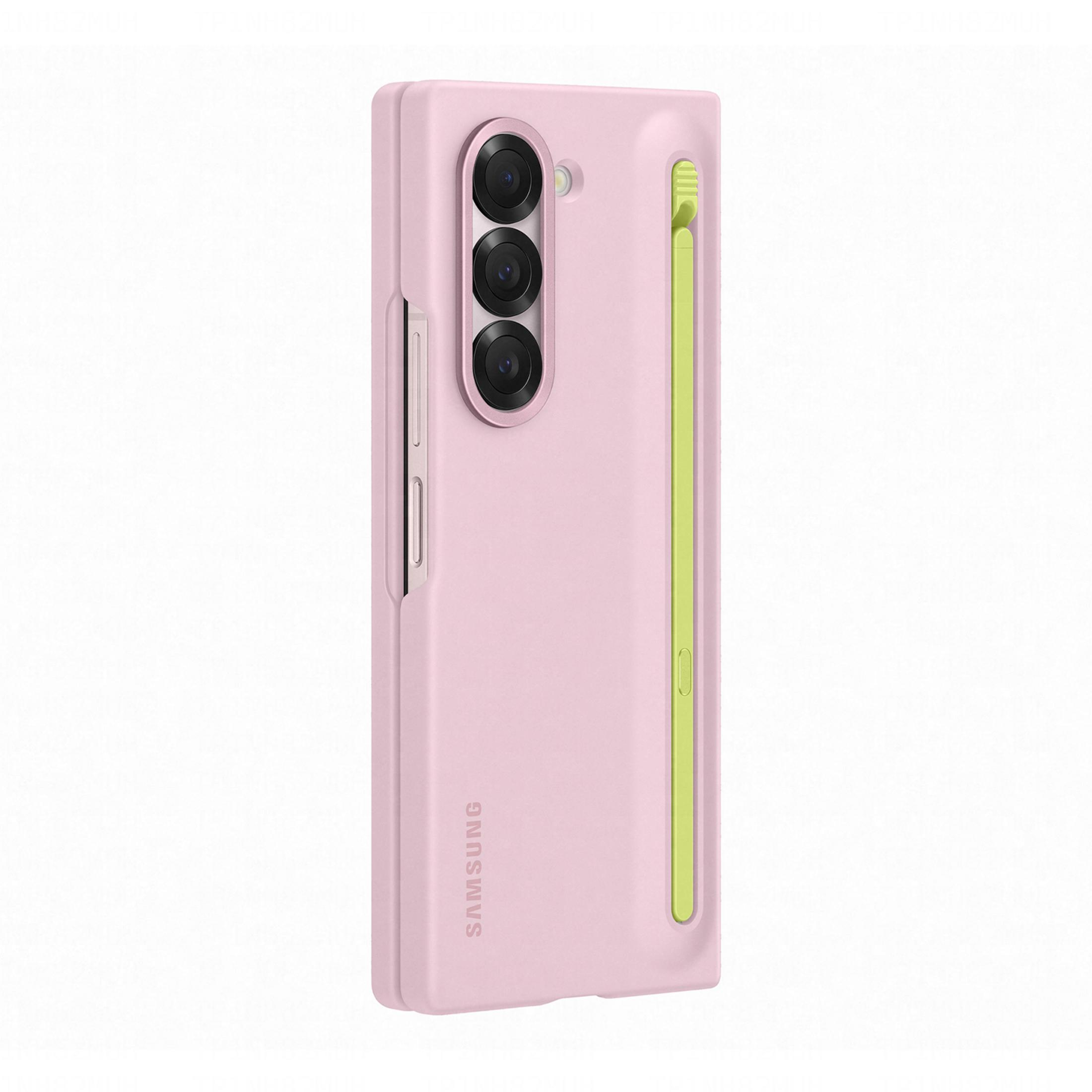 Una custodia rosa per telefono con portapenne giallo e tre obiettivi.