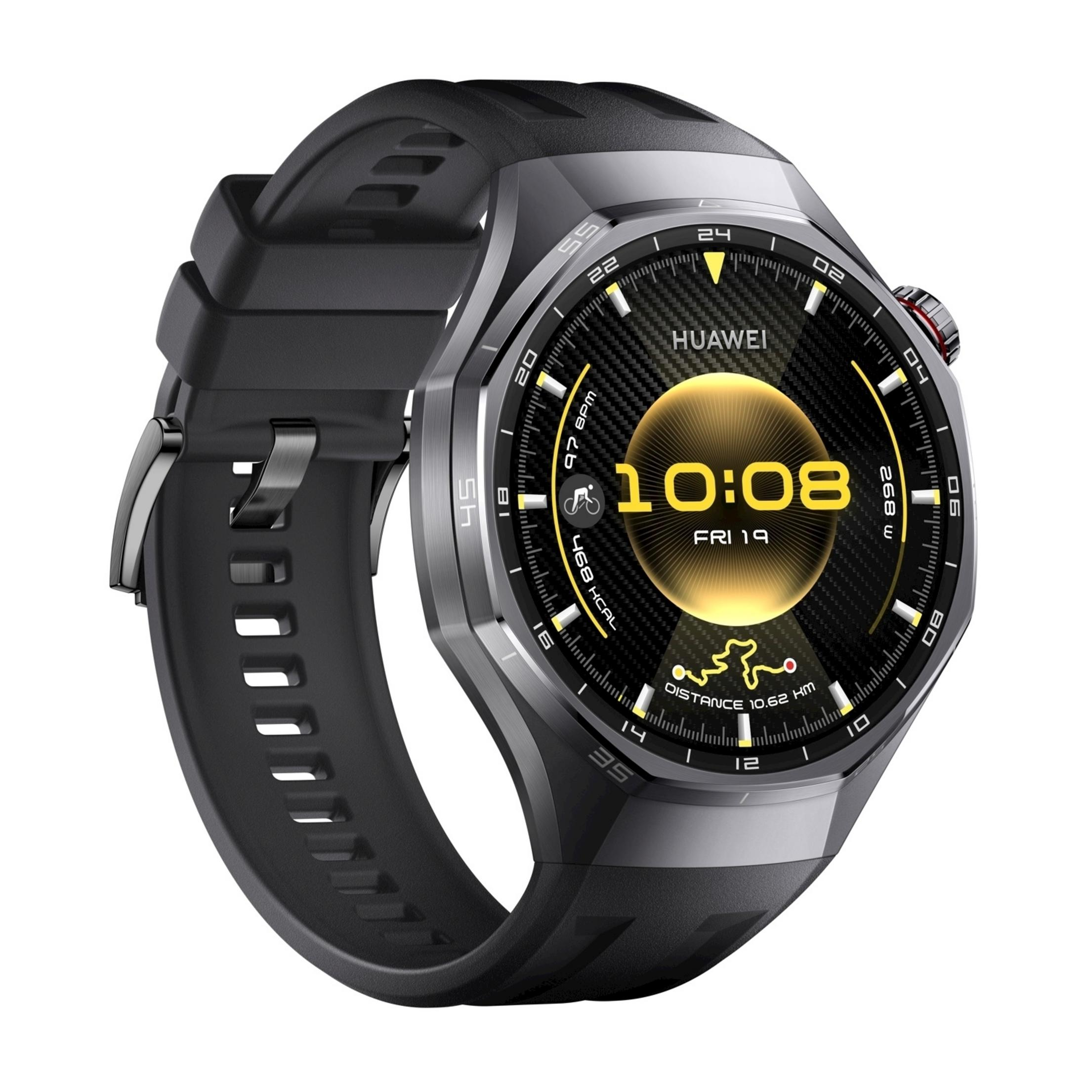 Uno smartwatch grigio con cinturino nero che mostra le 10:08.