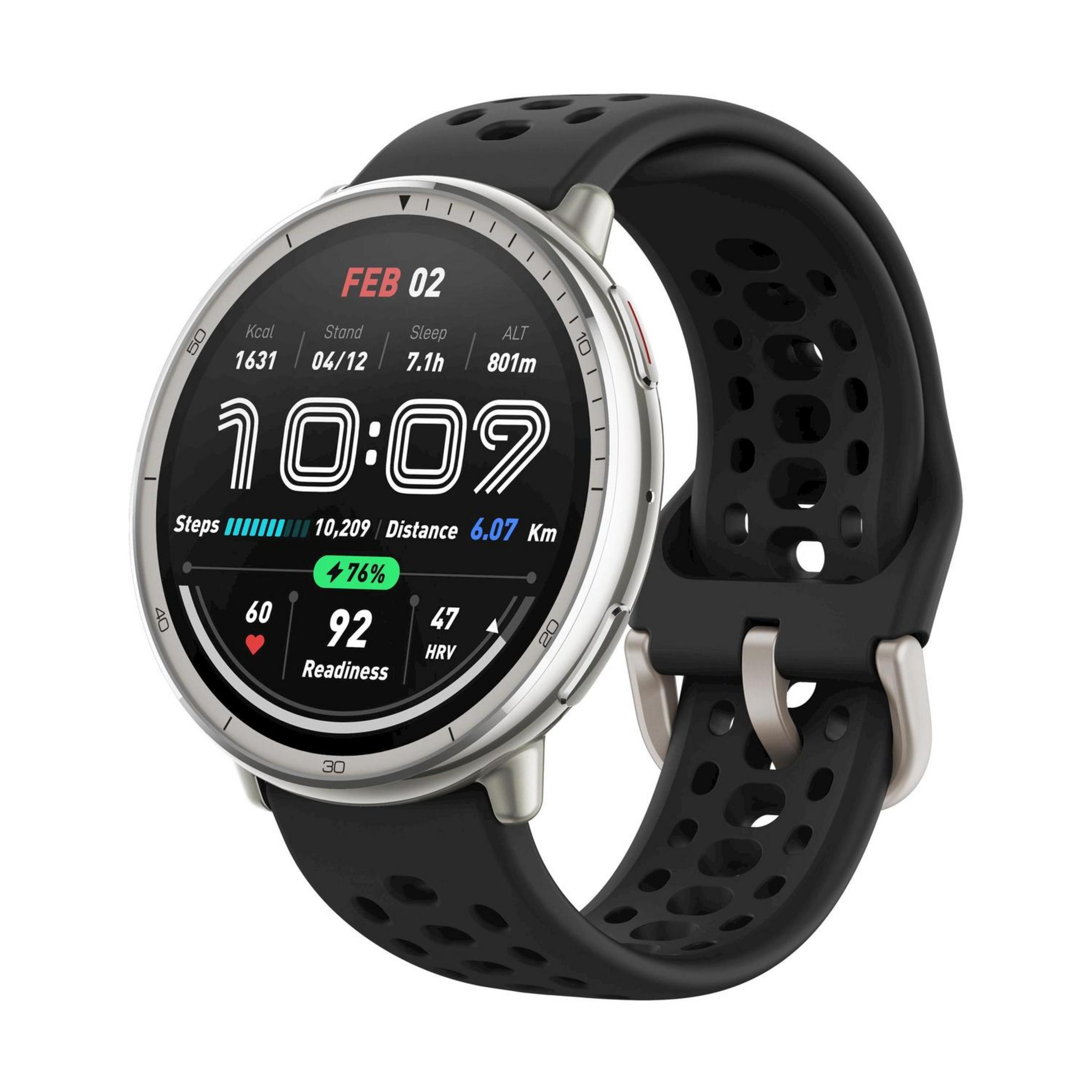 Zbliżenie na smartwatch z czarnym paskiem i srebrną obudową.