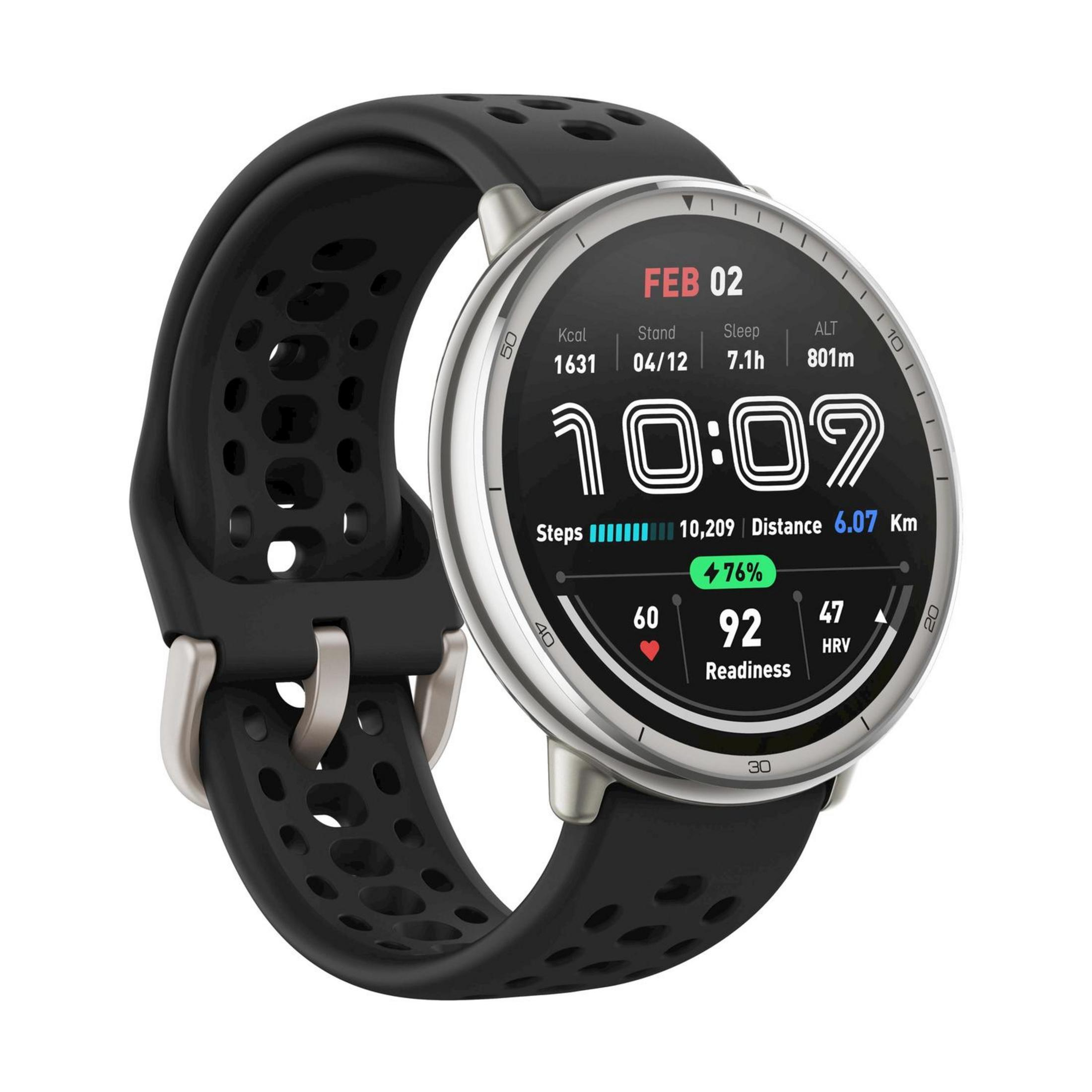 Czarny smartwatch ze srebrną ramką, wyświetla datę i wskaźniki aktywności.