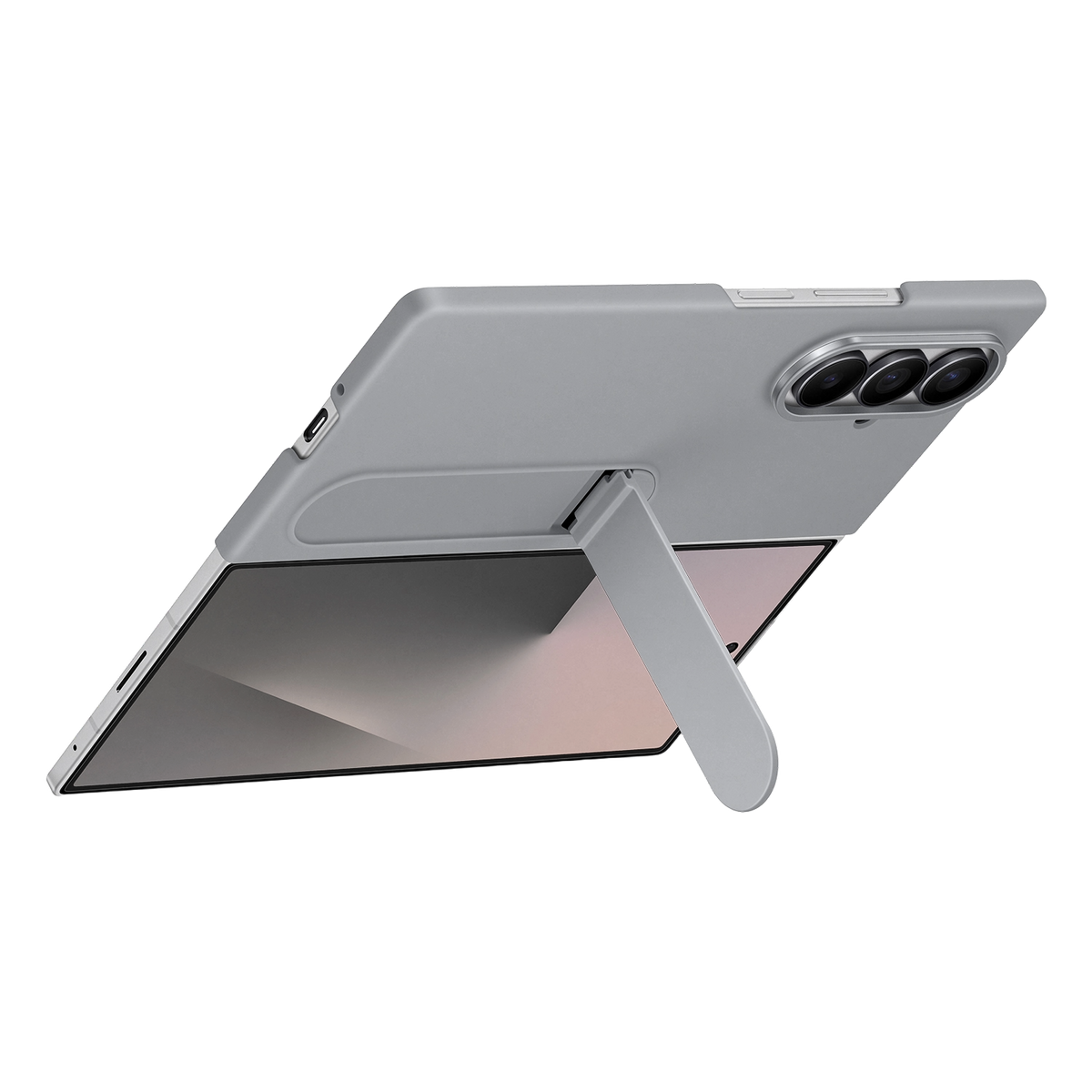 Szary telefon z potrójnym aparatem i podstawką na czarnym tle.