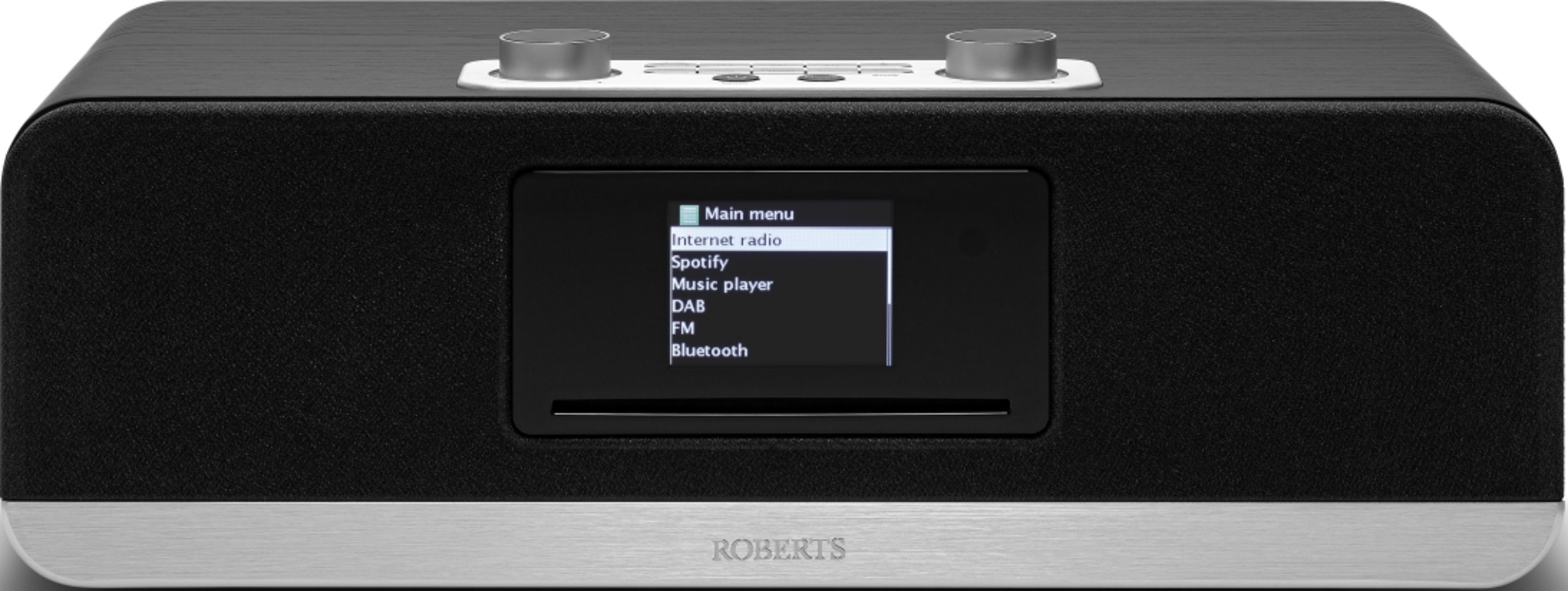 Ein schwarzes Digitalradio mit silbernen Knöpfen und einem Menü auf dem Bildschirm.