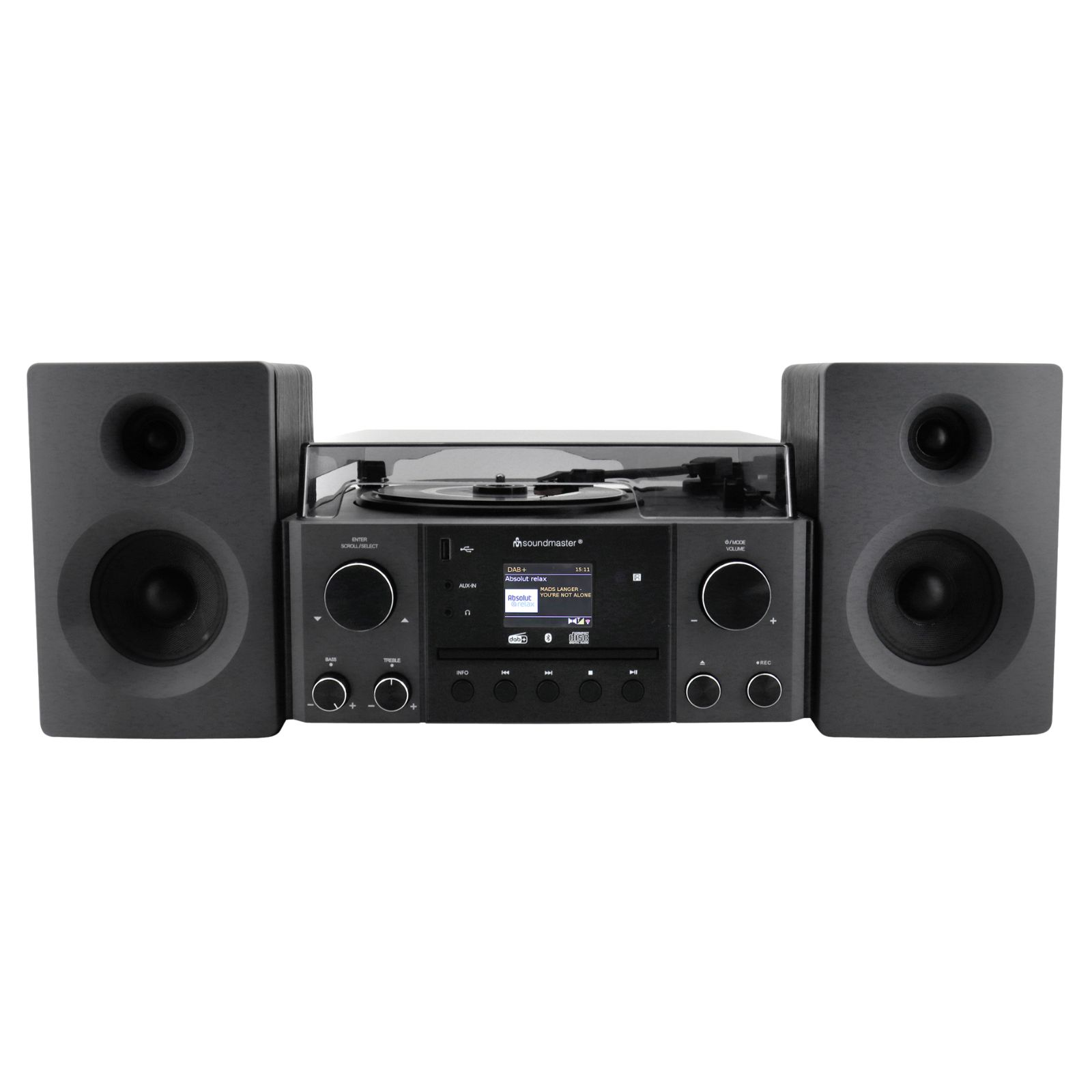 Sistema stereo nero con giradischi, lettore CD e due altoparlanti.