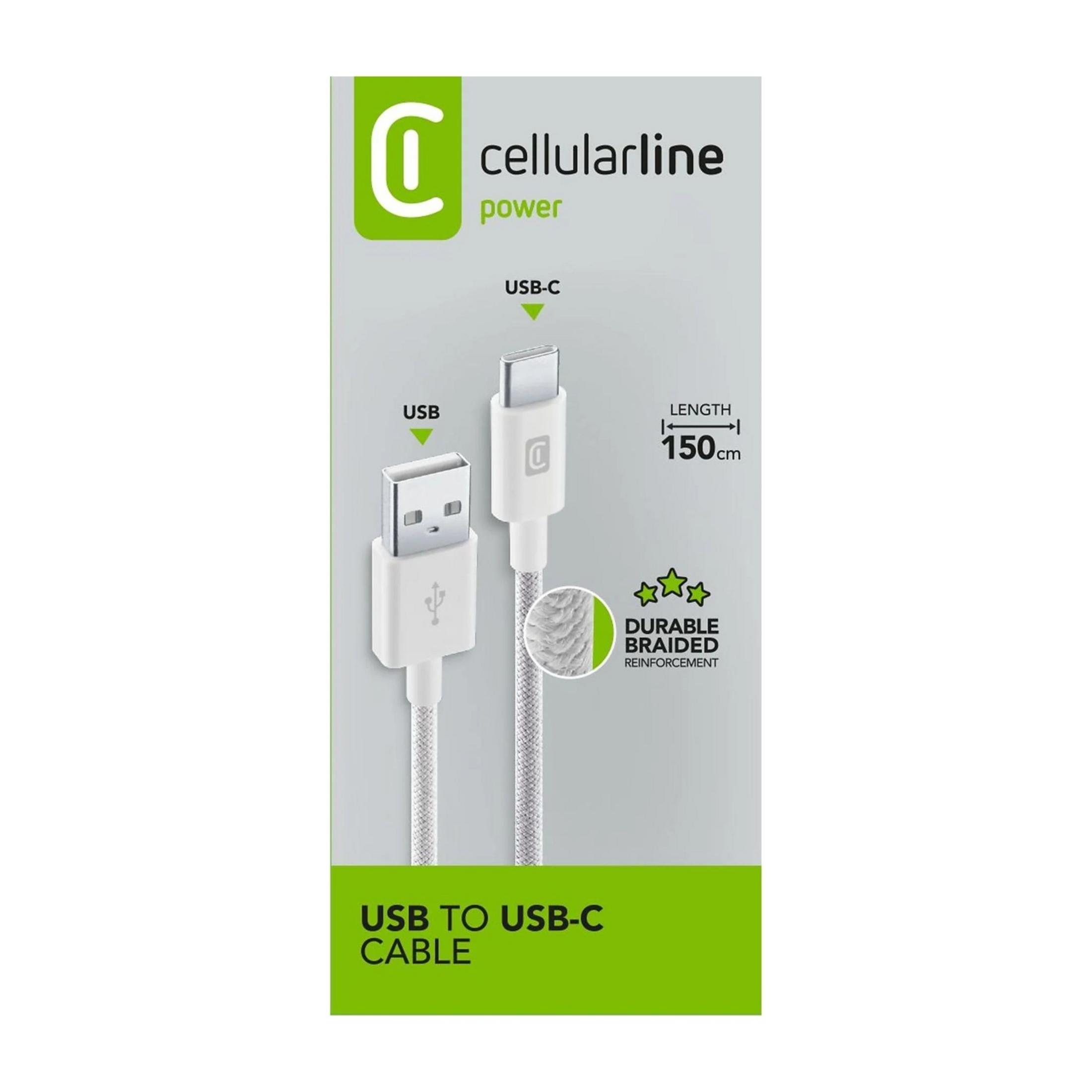 Un cavo USB-C bianco con rinforzo intrecciato resistente, lungo 150 cm.