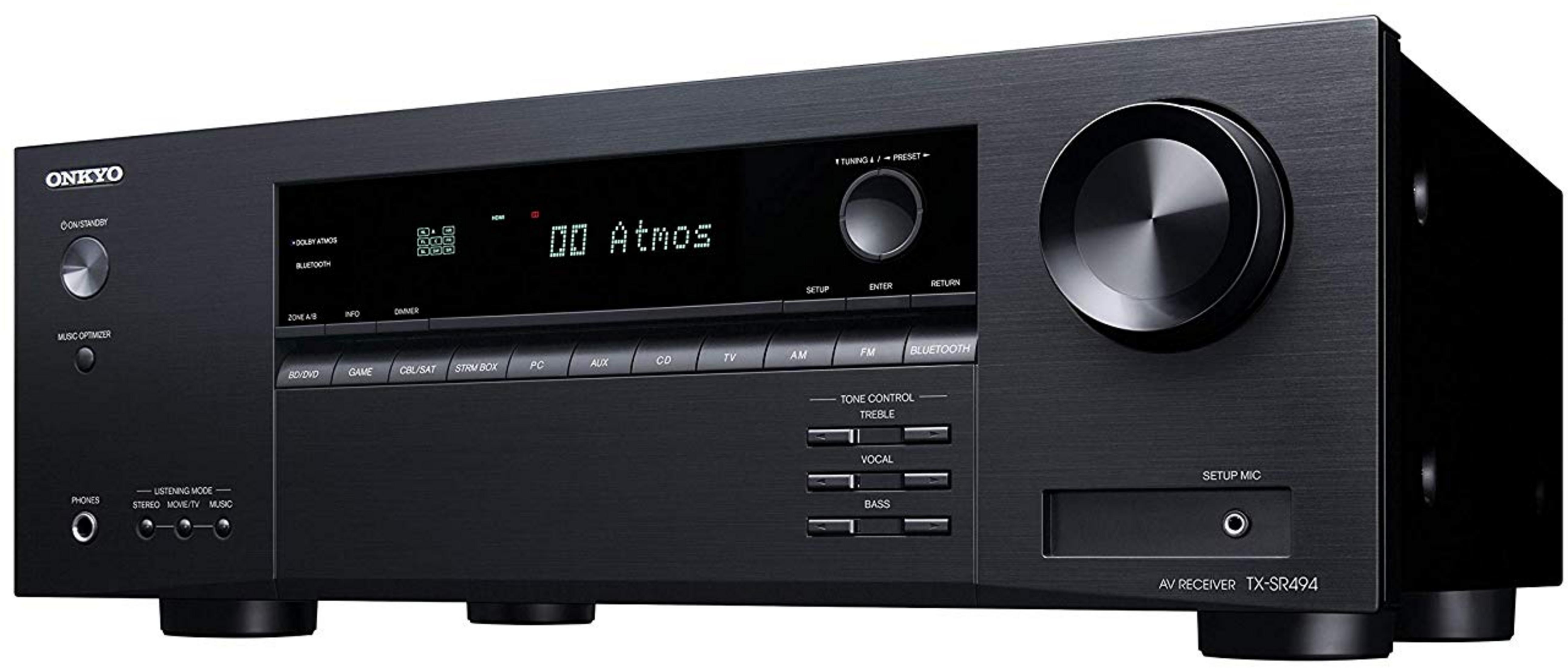 Schwarzer Onkyo AV-Receiver TX-SR494 mit Display, Knöpfen und Tasten.
