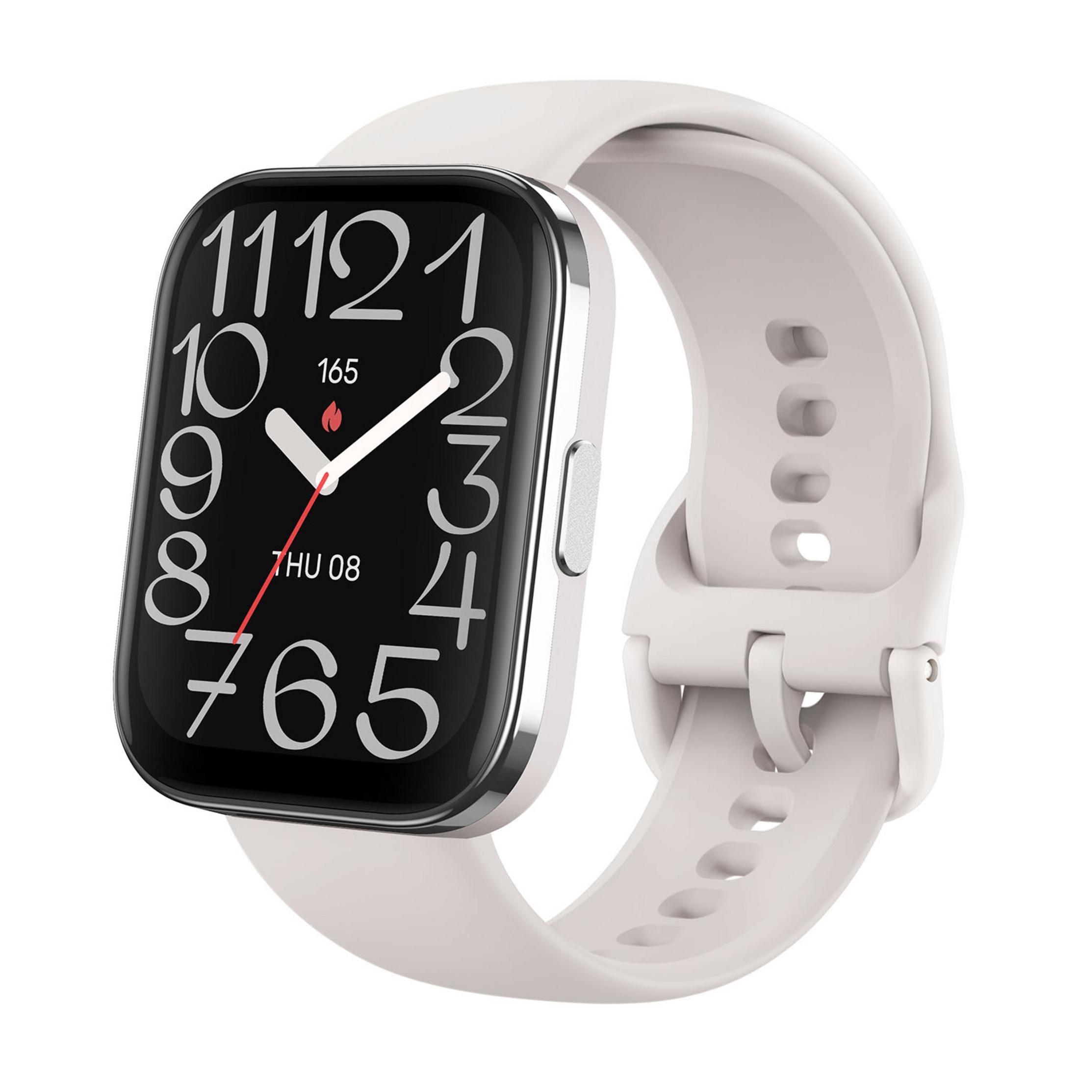 Eine weiße Smartwatch mit großem Zifferblatt und silbernem Rahmen.