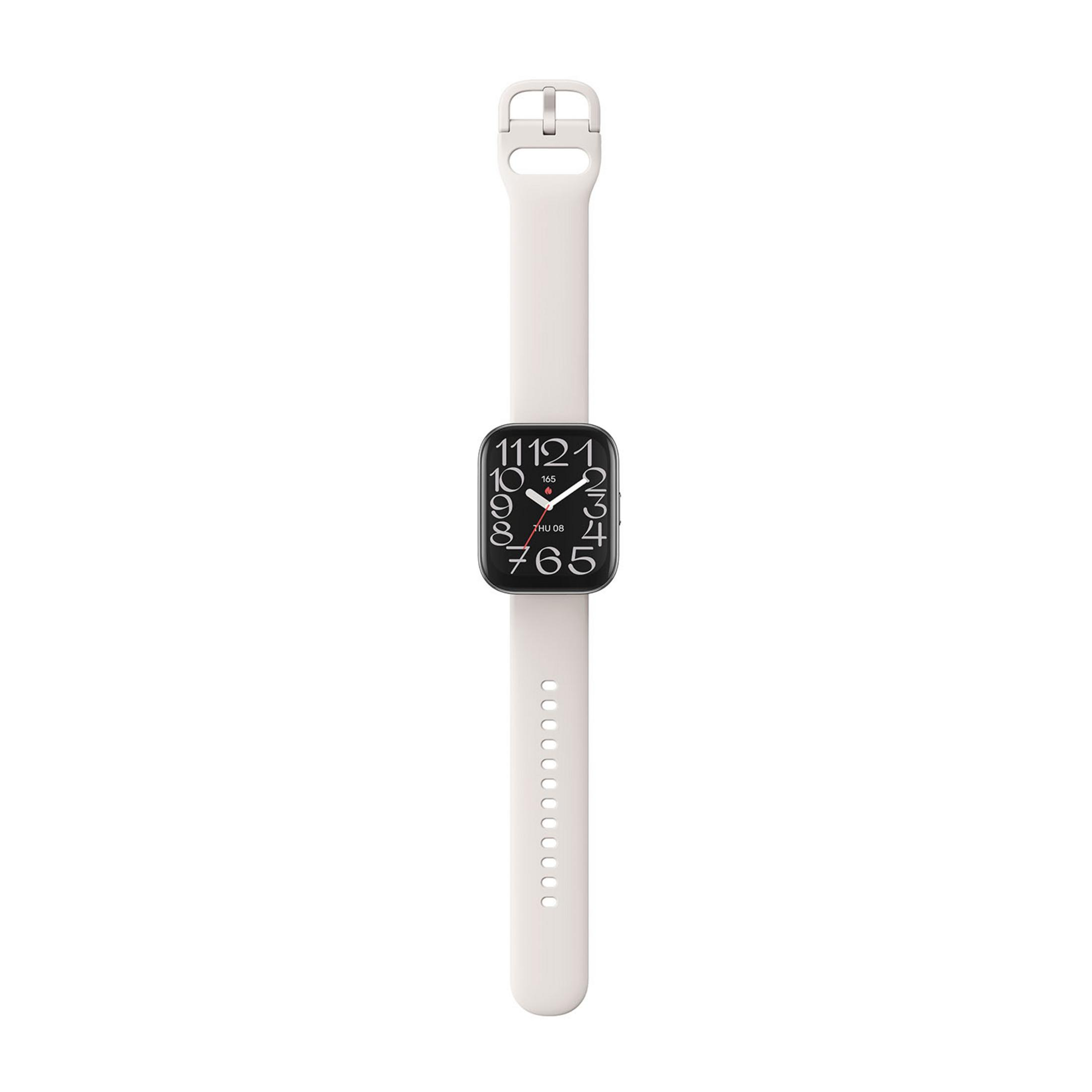 Eine weiße Smartwatch mit schwarzem Zifferblatt und großen weißen Zahlen.