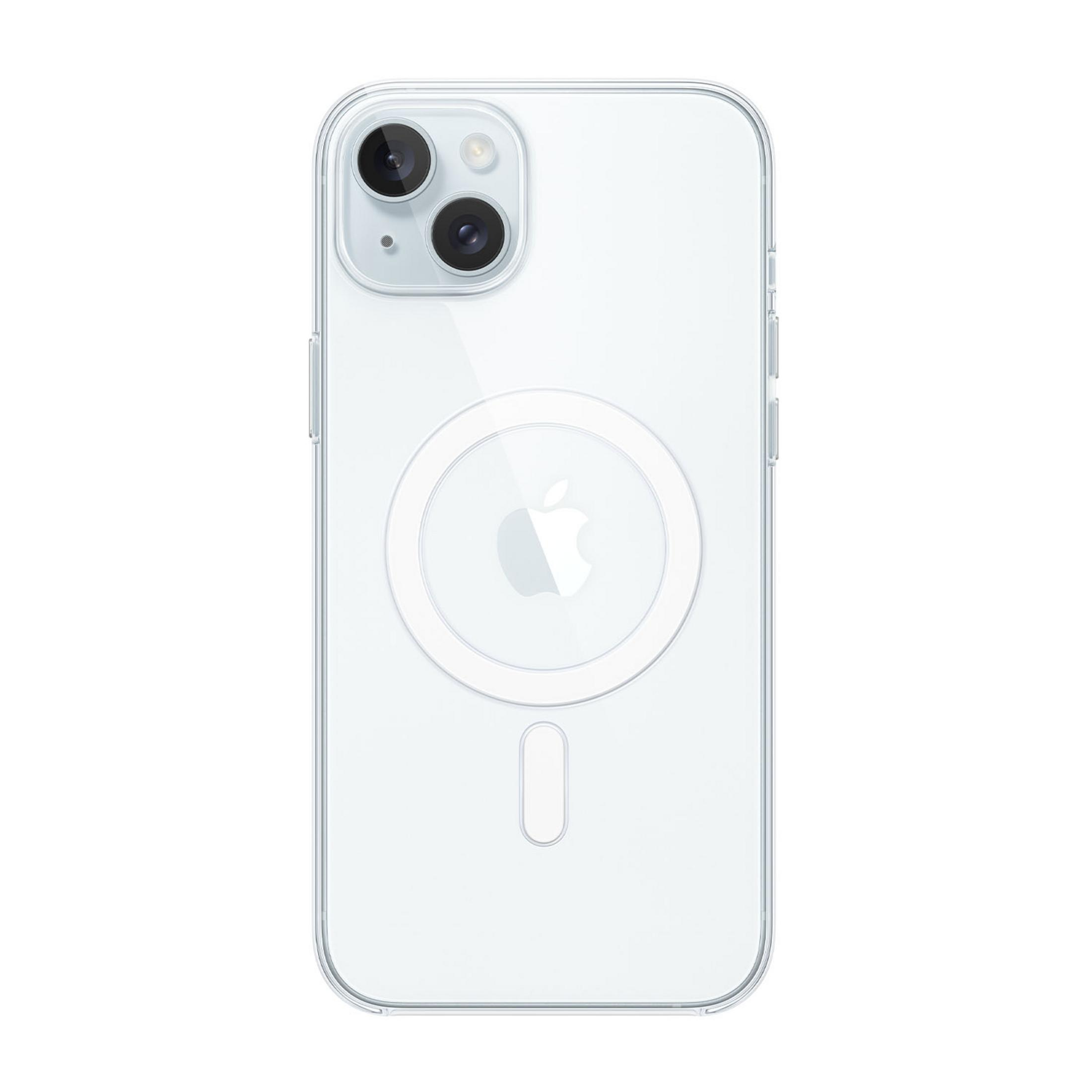 Przezroczyste etui na iPhone z logo Apple i kółkiem MagSafe.