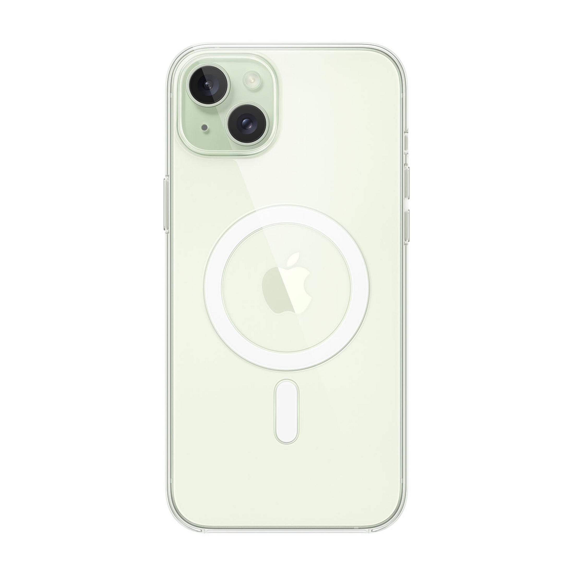 Przezroczyste etui na jasnozielony iPhone z podwójnym aparatem i logo Apple.