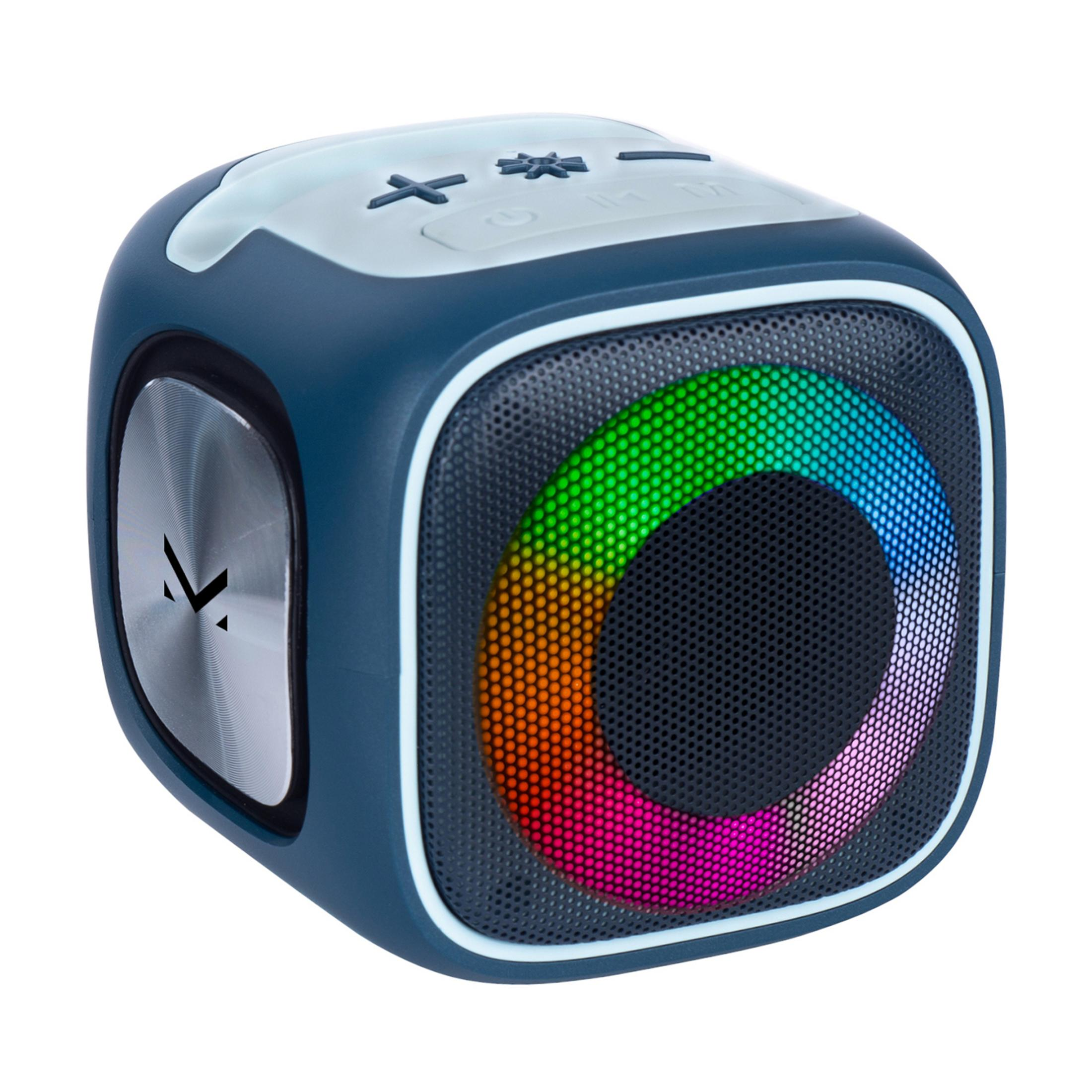 Niebieski głośnik w kształcie sześcianu z kolorowymi światłami.