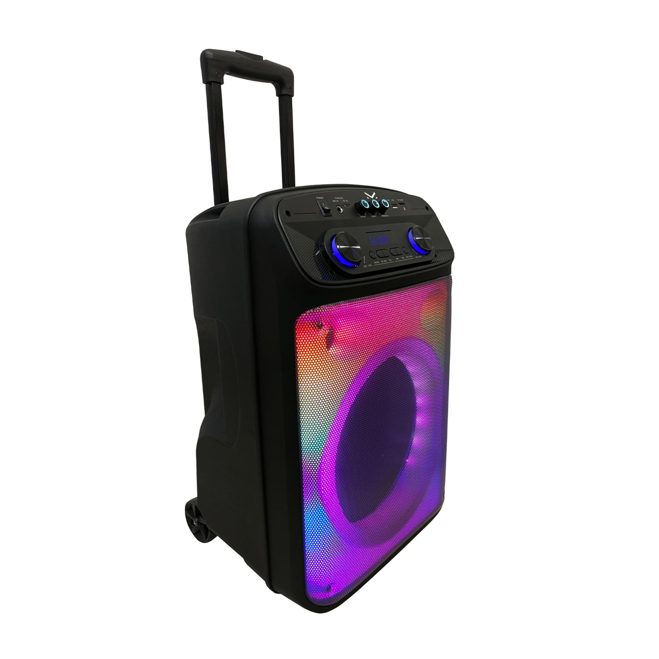 Czarny przenośny głośnik z kółkami i efektami świetlnymi LED.