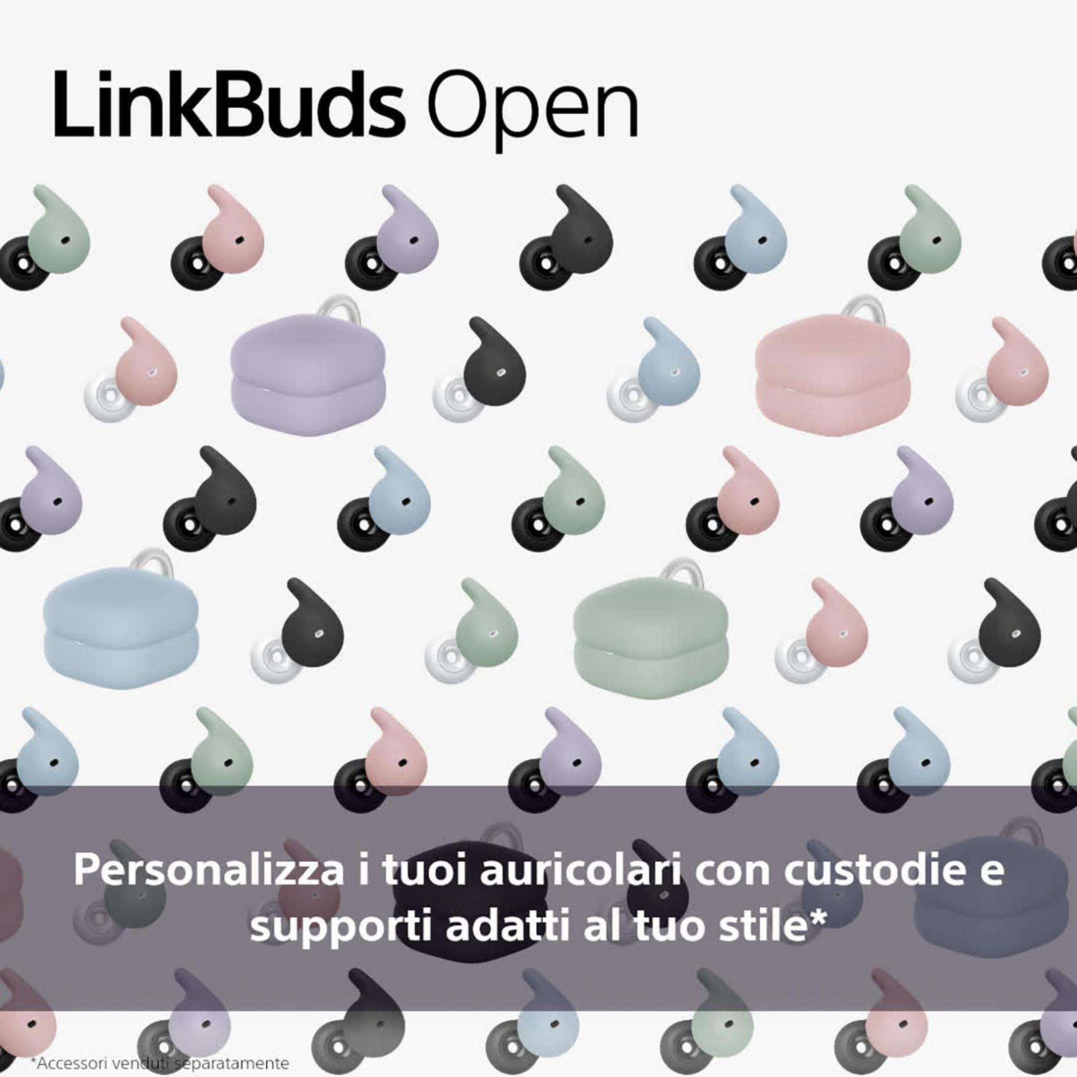 LinkBuds Open: Auricolari e custodie colorate su sfondo bianco.