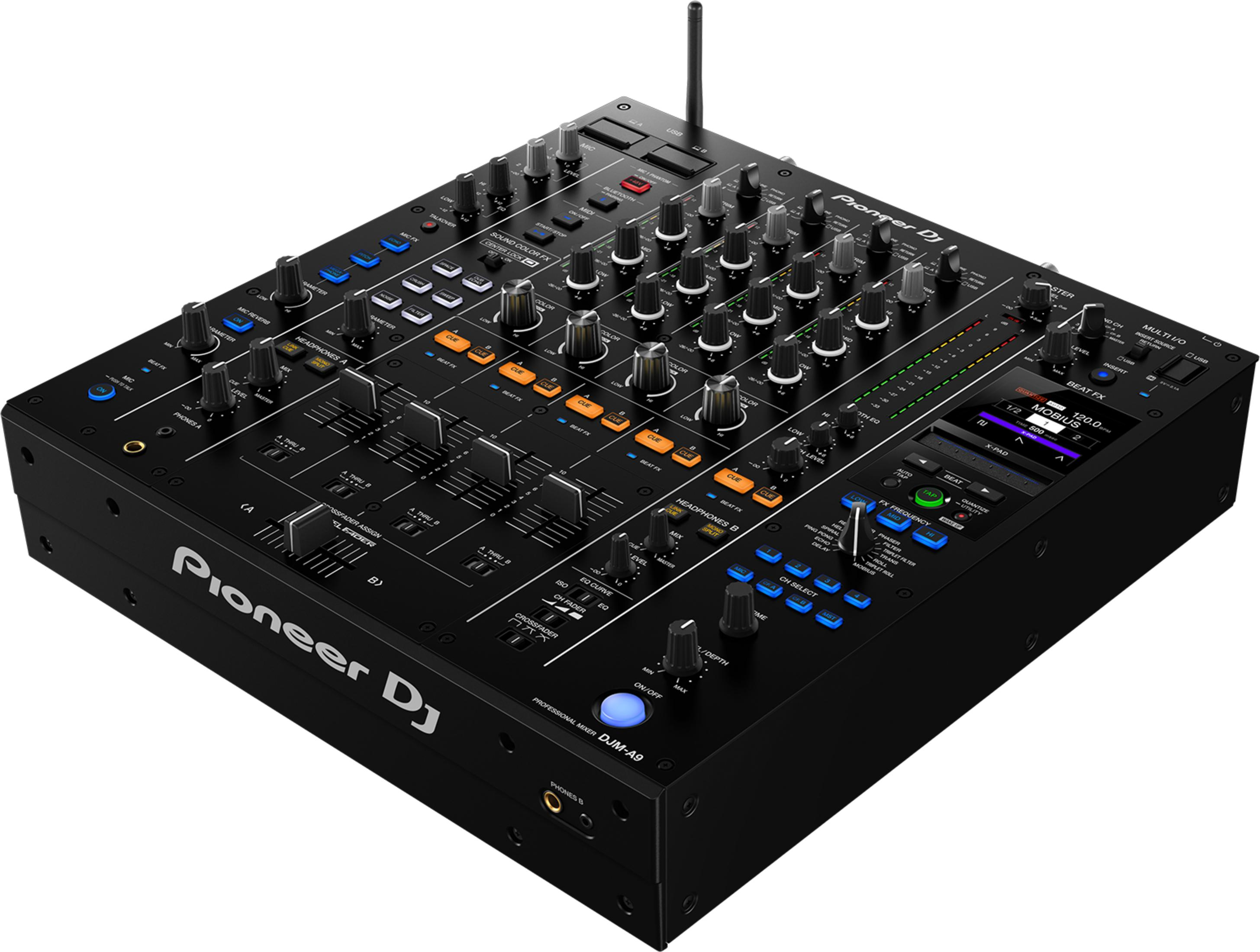 Çok sayıda düğme ve fader'a sahip siyah bir Pioneer DJM-A9 mikser.