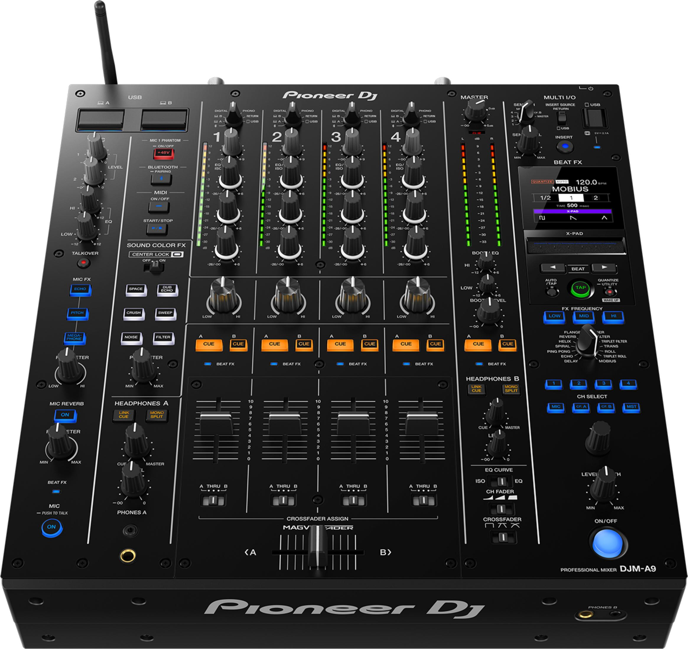 Çok sayıda düğme, fader ve tuşa sahip siyah bir Pioneer DJM-A9 profesyonel mikser.