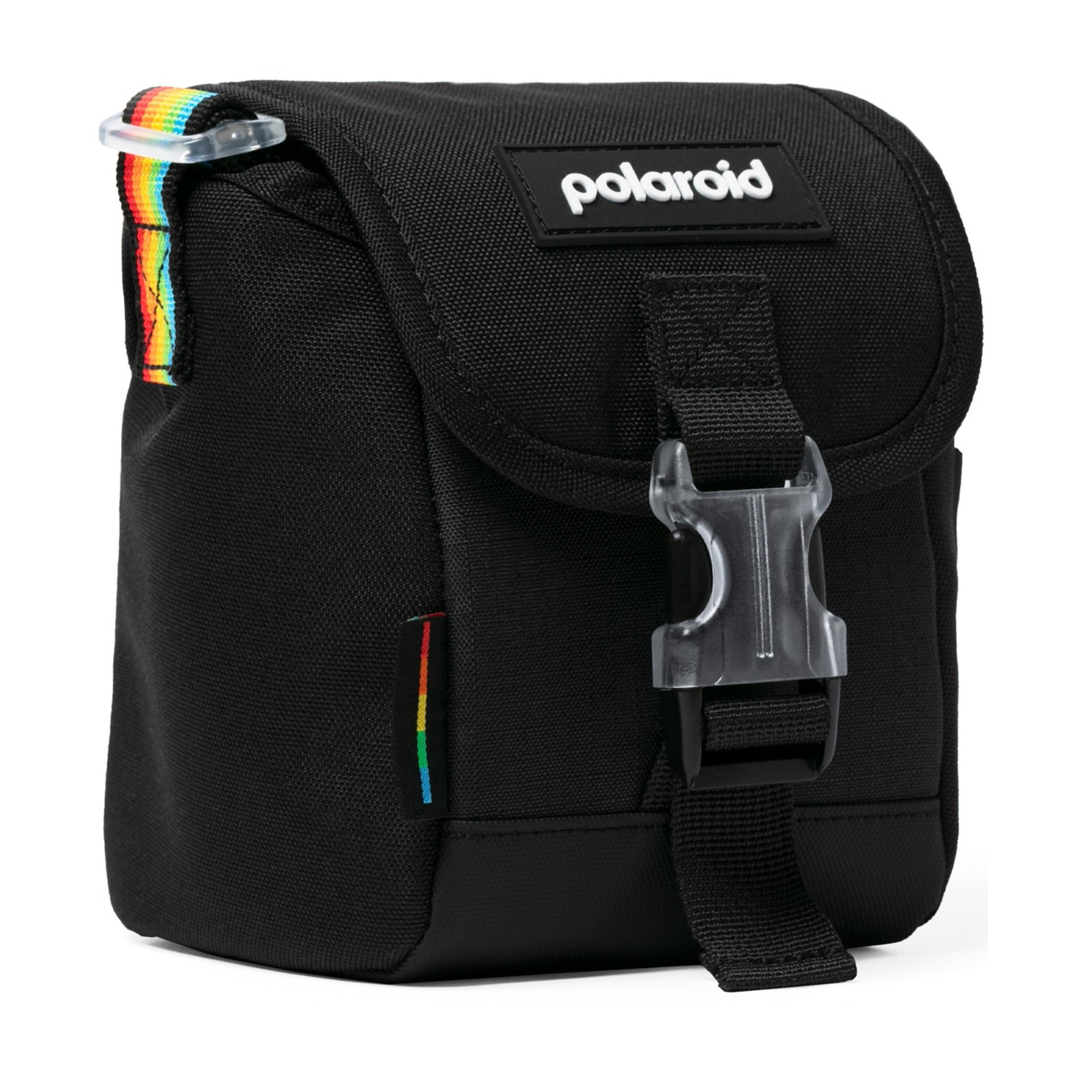 Schwarze Polaroid-Tasche mit Regenbogen-Akzenten und Schnallenverschluss.