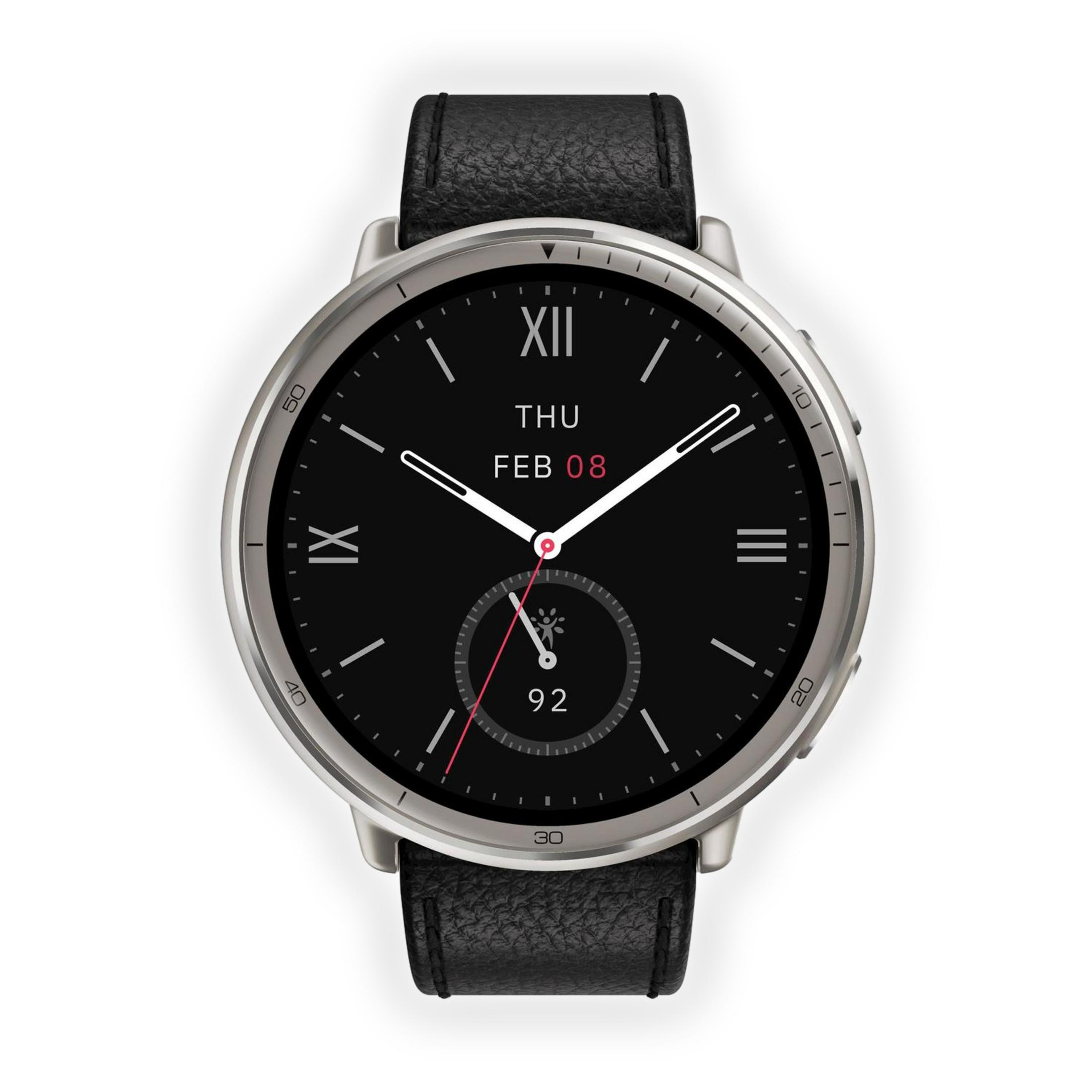 Srebrny smartwatch z czarnym skórzanym paskiem i czarną tarczą.