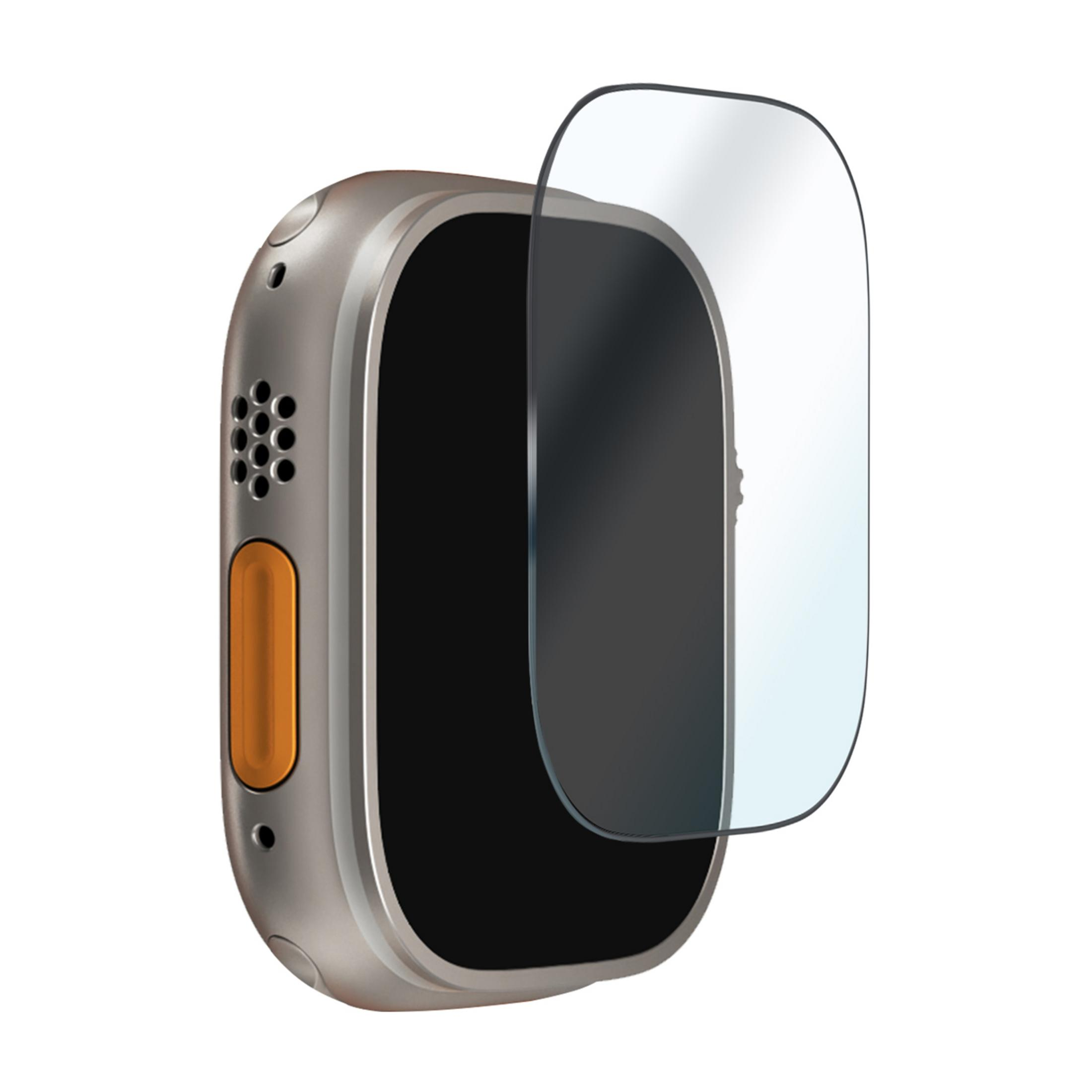 Folia ochronna na ekran leży na szarym smartwatchu z pomarańczowym przyciskiem.