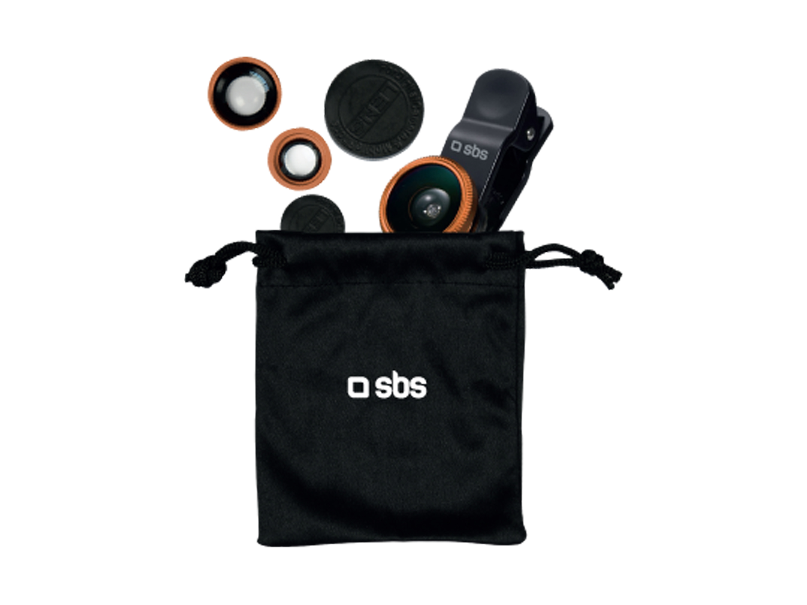 Una bolsa negra con tres accesorios de lente y un clip.