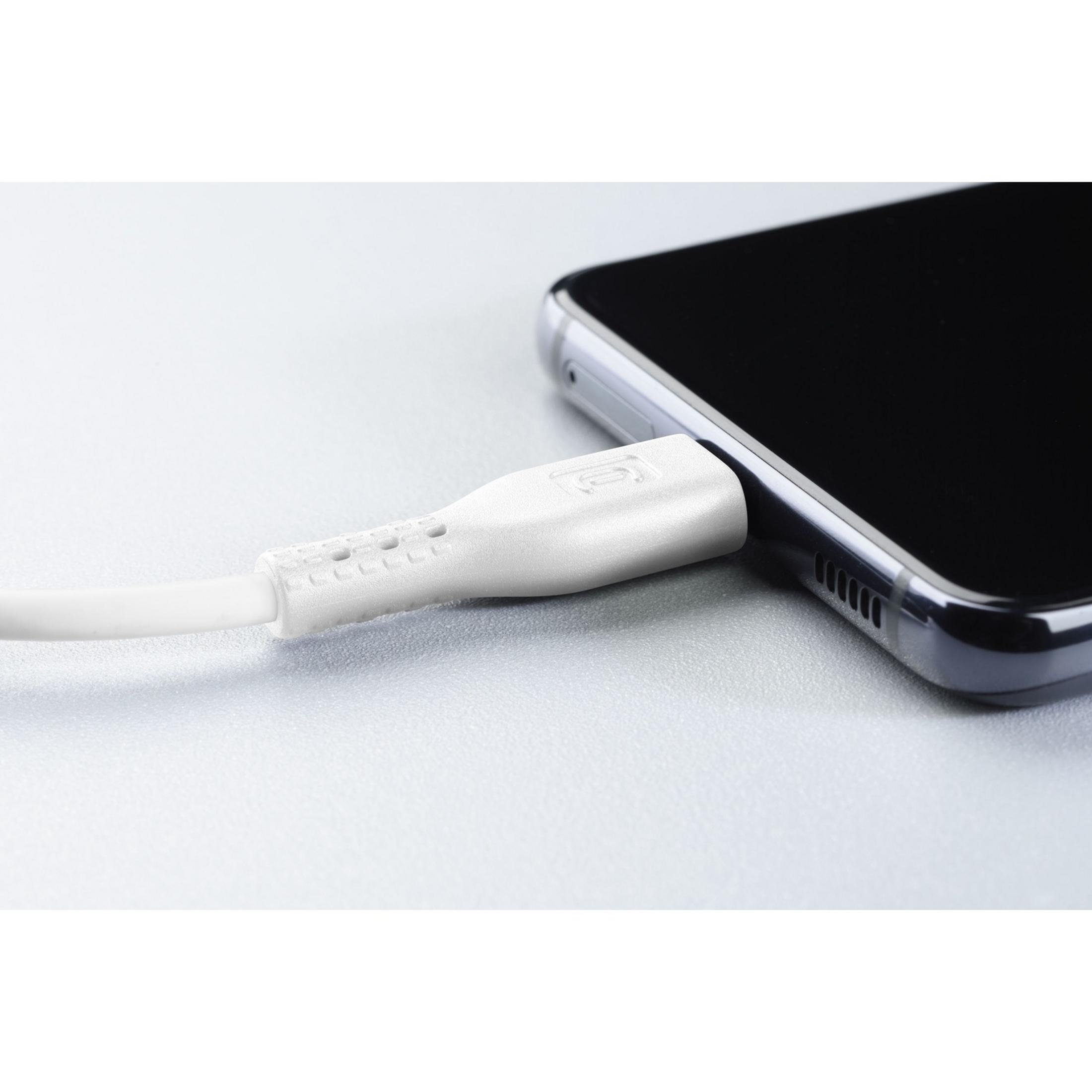Un cavo di ricarica bianco è collegato a uno smartphone.