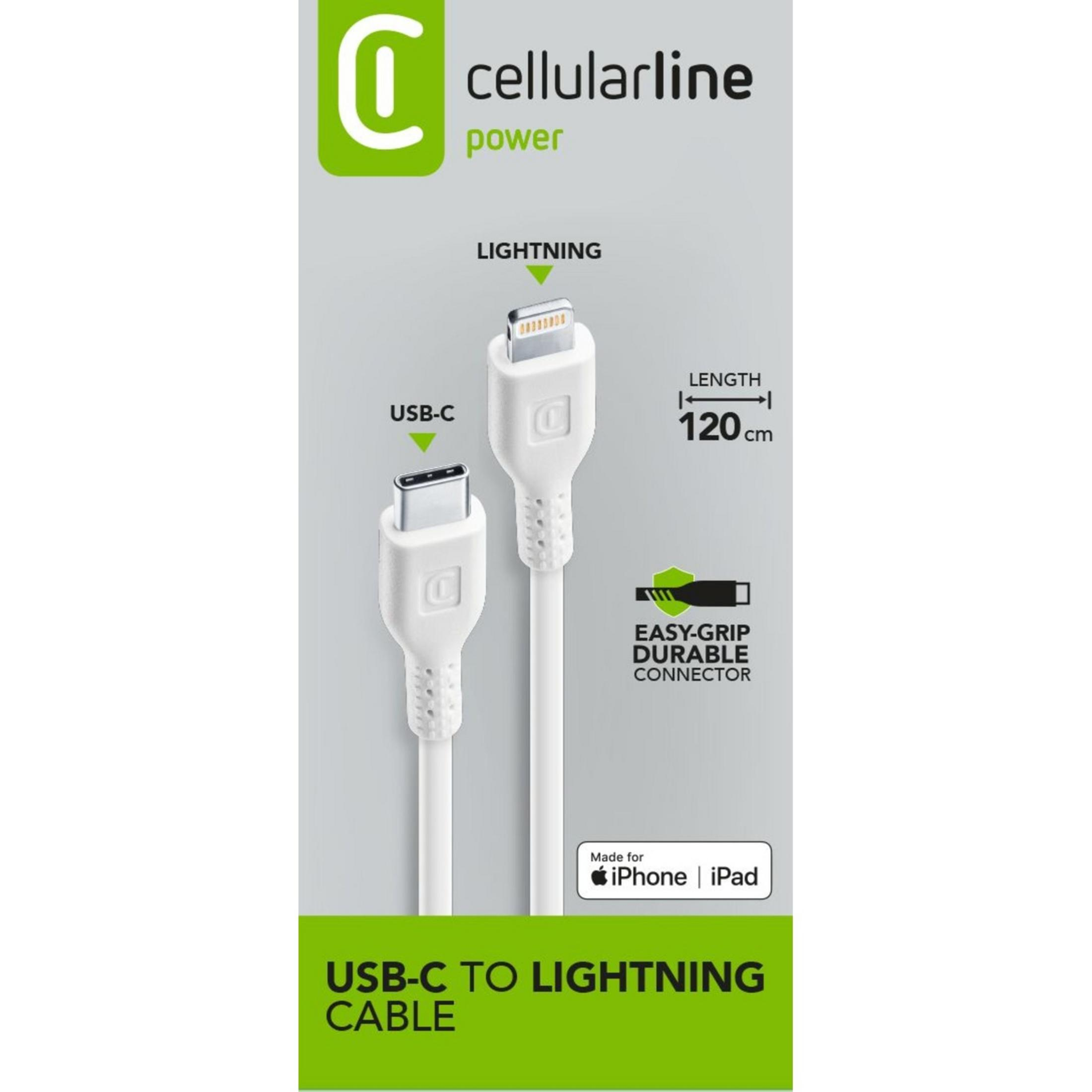 Un cavo Cellularline da USB-C a Lightning bianco, lungo 120 cm.