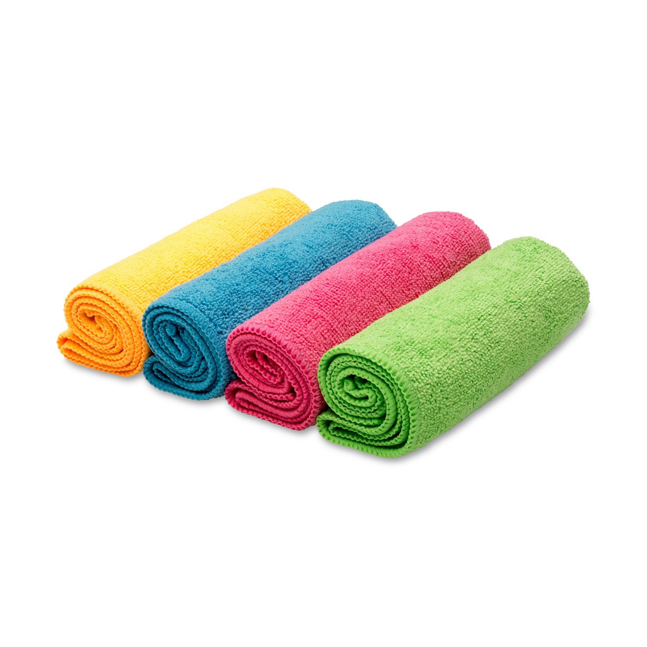 Quattro panni in microfibra arrotolati: giallo, blu, rosa e verde.