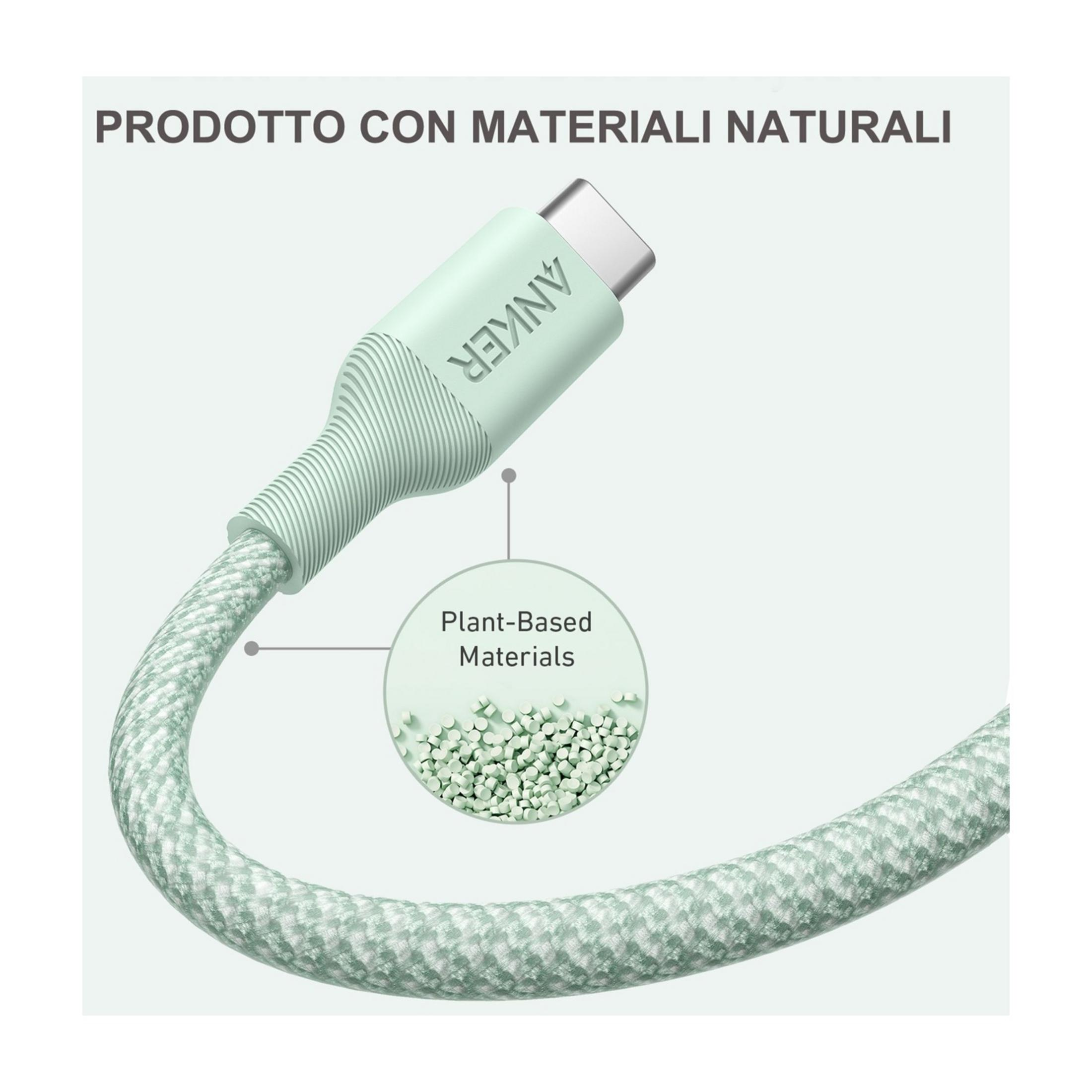 Un cavo USB-C Anker verde menta realizzato con materiali vegetali.