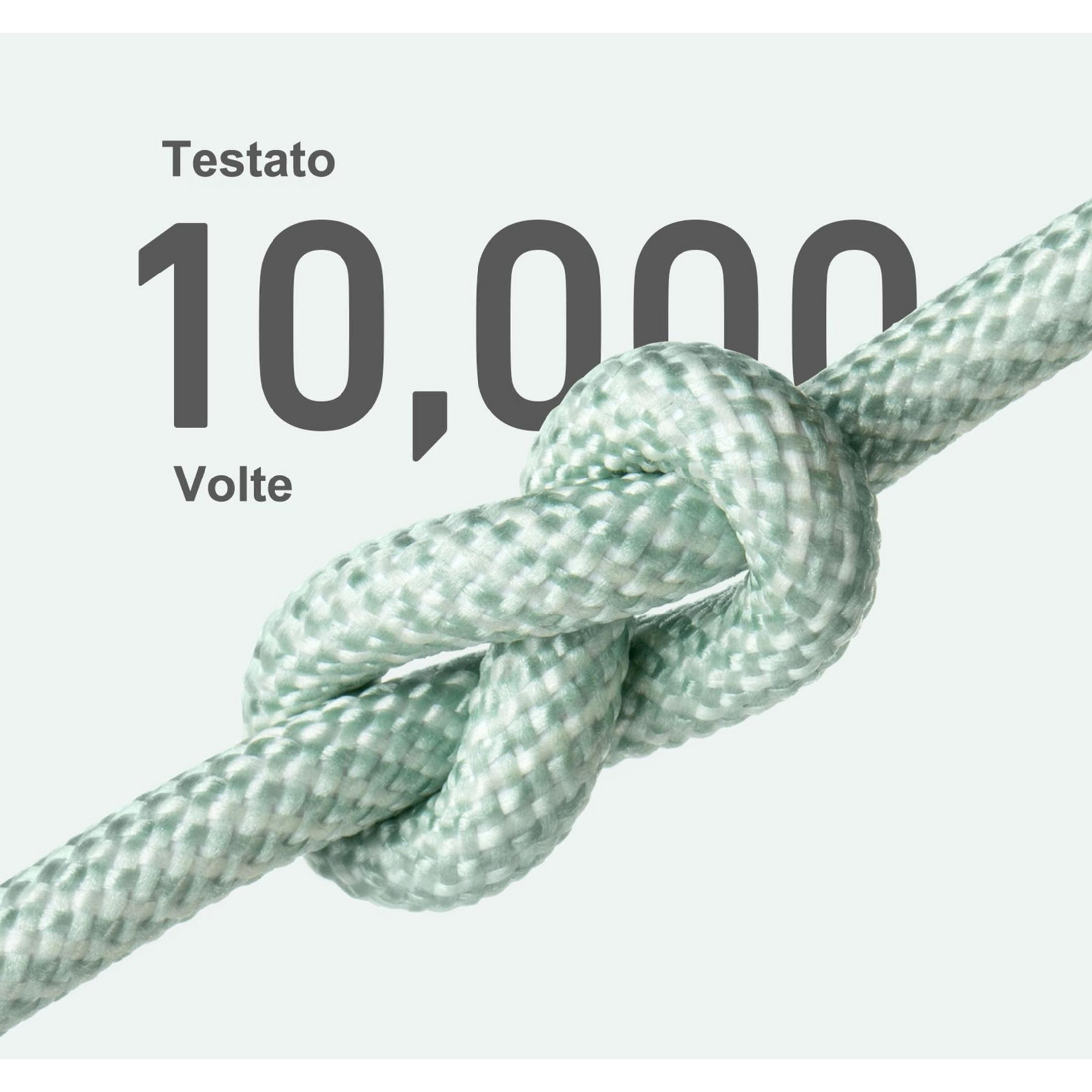 Un nodo in una corda verde chiaro, con "Testato 10.000 Volte" accanto.