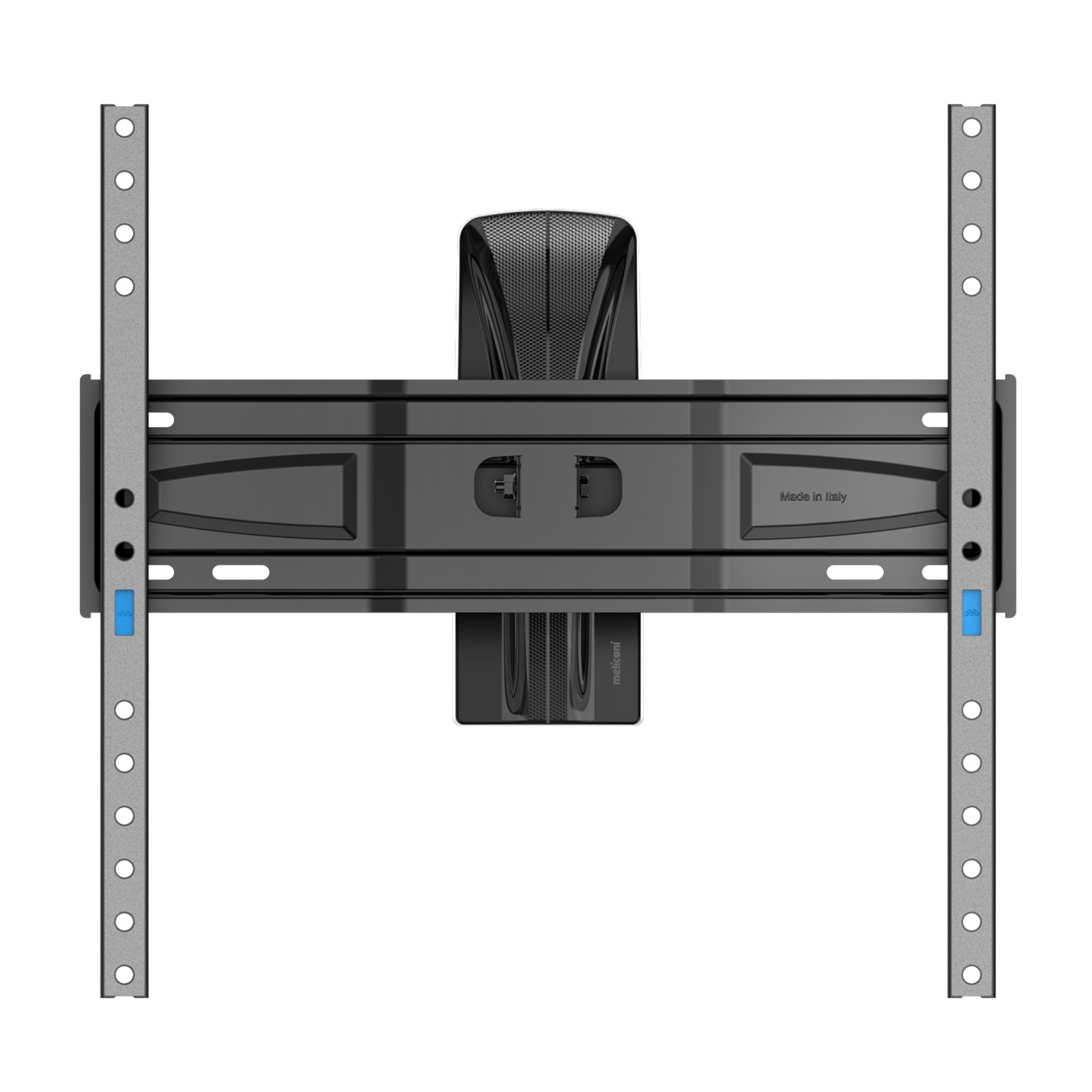 Un soporte de pared para TV negro giratorio con brazos ajustables y L.