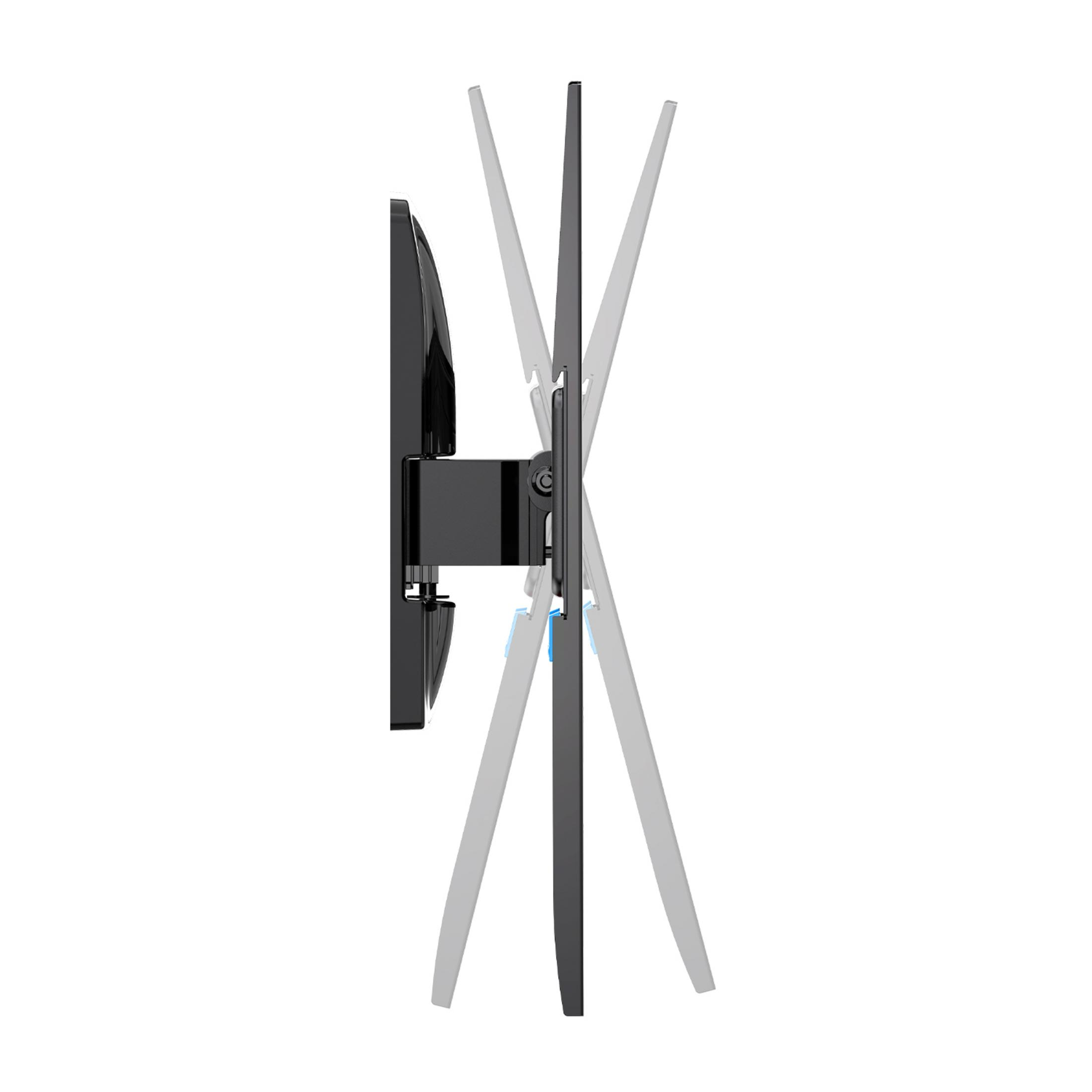 Un brazo de monitor negro con soportes ajustables en varias posiciones.